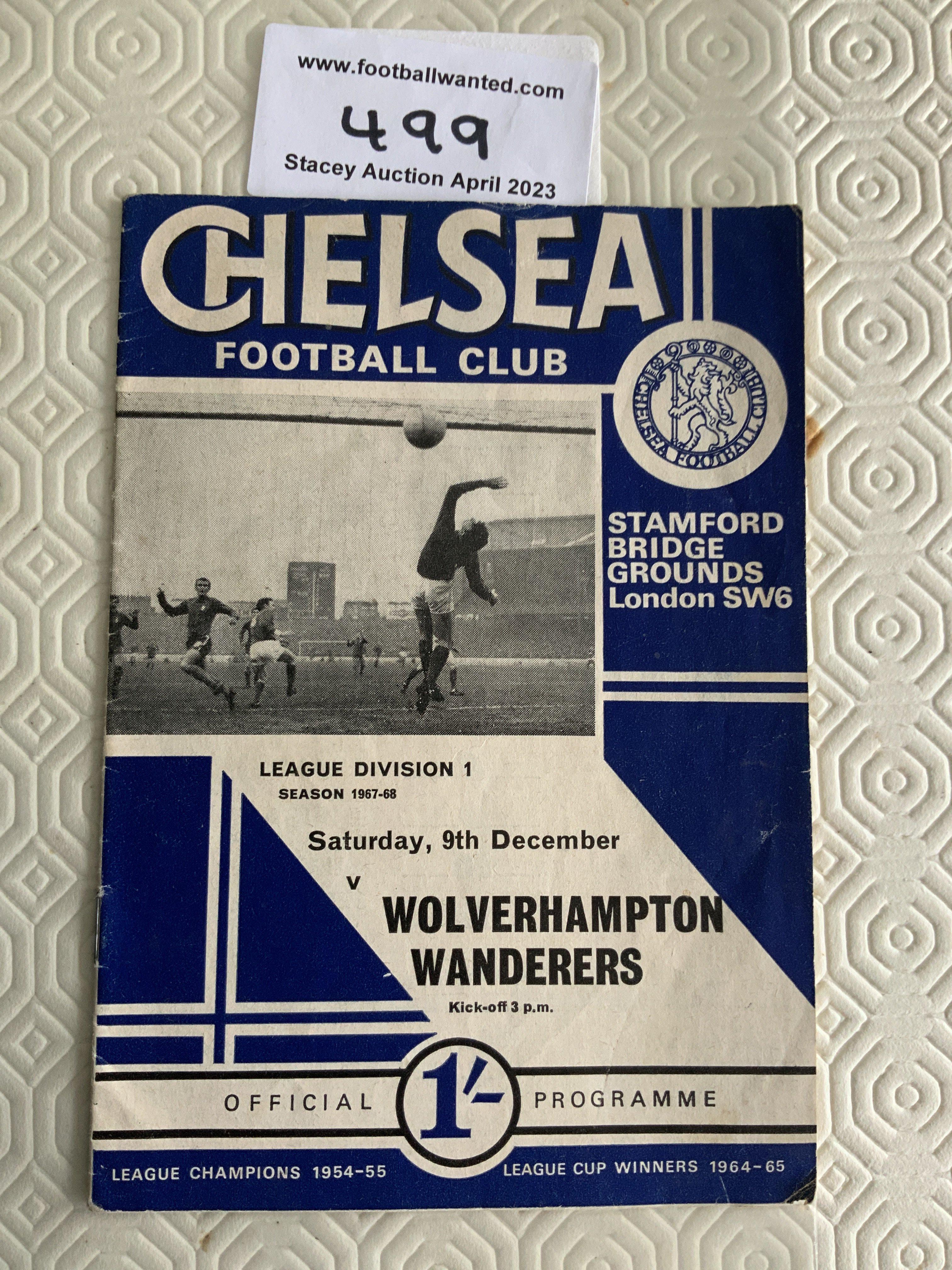 67/68 Chelsea v Wolves Postponed Football Programmes: Very rare dated 9 12 1967. Please note the middle page (9 - 12) is missing. This happens with the rare Chelsea home postponed programmes of the day as instead of pulping the printers took the centre page out. Good condition with no writing.