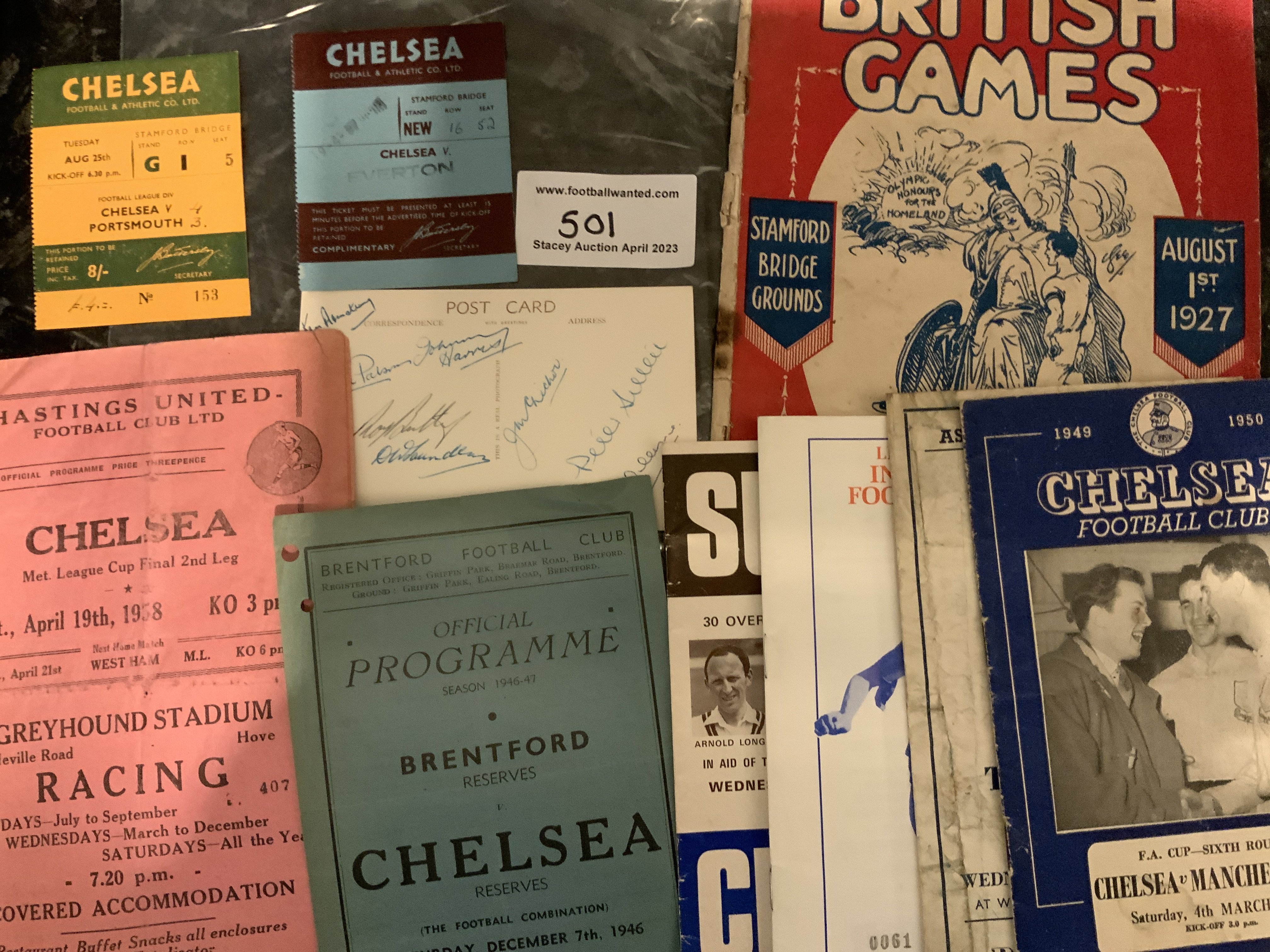 Chelsea Football Memorabilia: Home tickets v 53/54 Portsmouth, 56/57 Everton with numbers written, 54/55 postcard hand signed to rear by 8, 57/58 Hastings Metropolitan League Final fair, 1927 British Games at Stamford Bridge and more.
