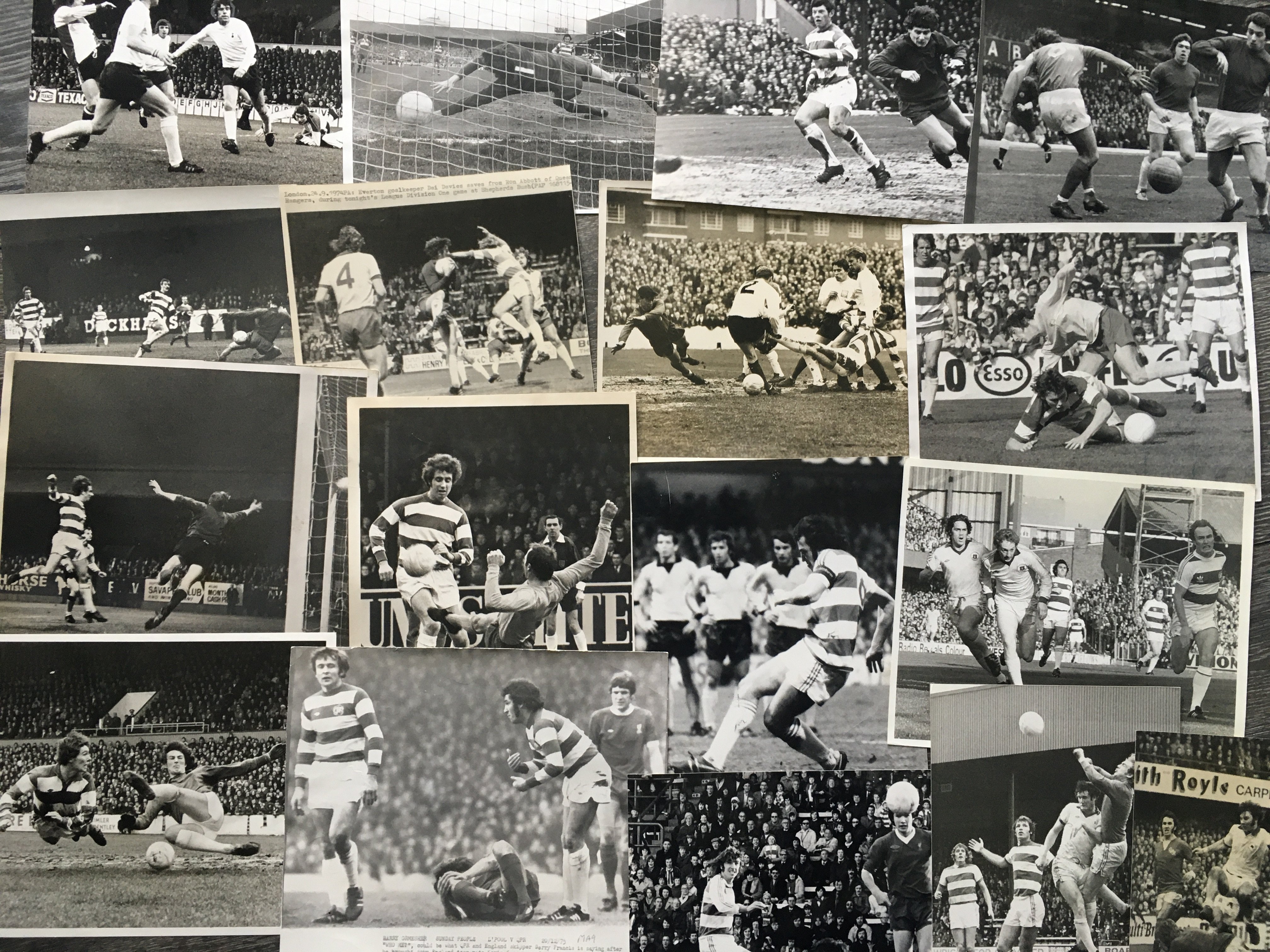 QPR Football Press Photos: Black and white mainly large photos of match action versus teams such as Tottenham, Middlesbrough and Derby. 4 from the 60s and 13 from the 70s. Press stamps and annotations to rear. (17)