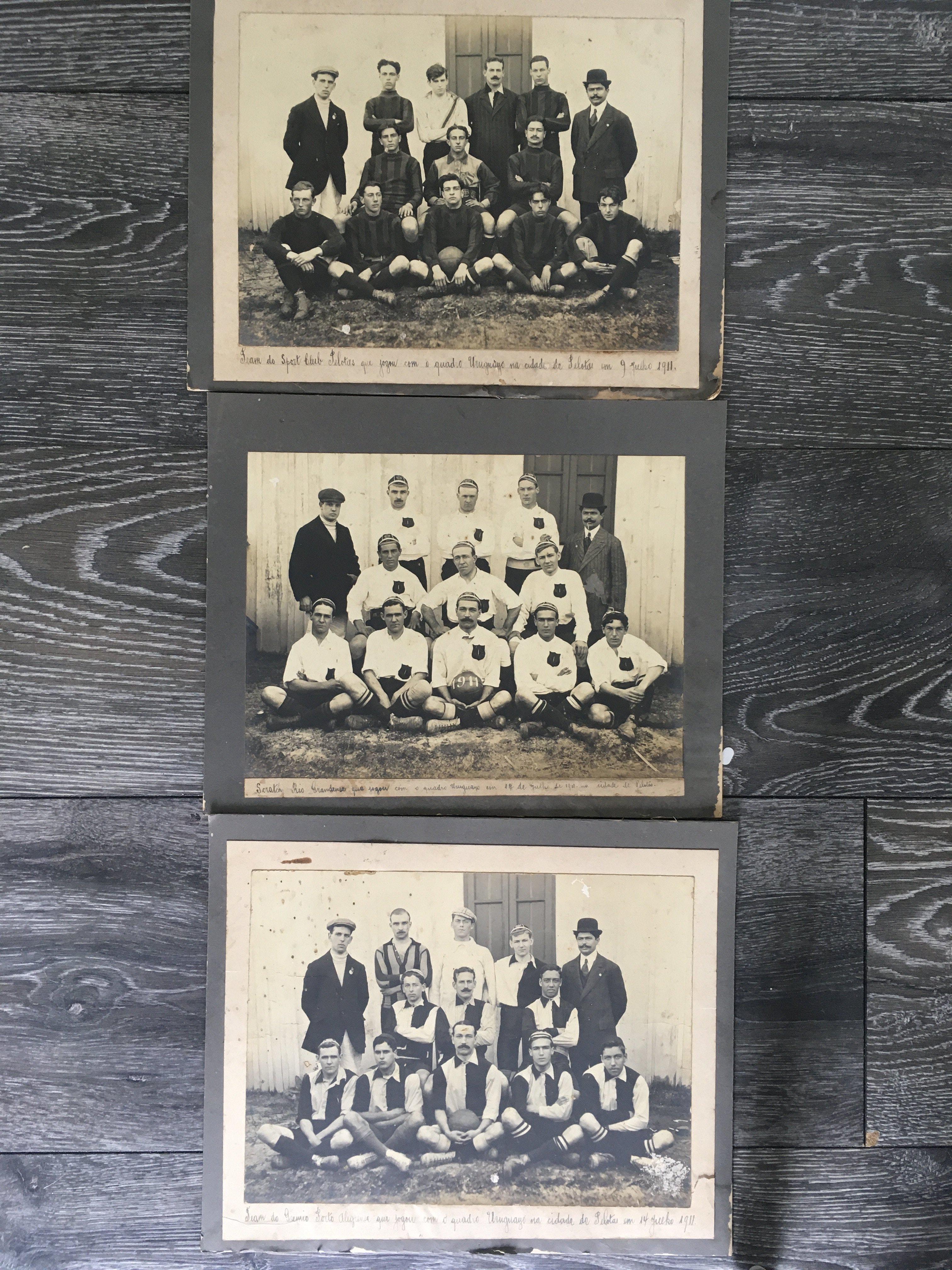 1911 Uruguay Original Football Team Photos: Three different photos stuck down to card with hand written annotations underneath. Photos good and borders fair. All measuring around 11 x 9 inches. 112 year old original items. (3)