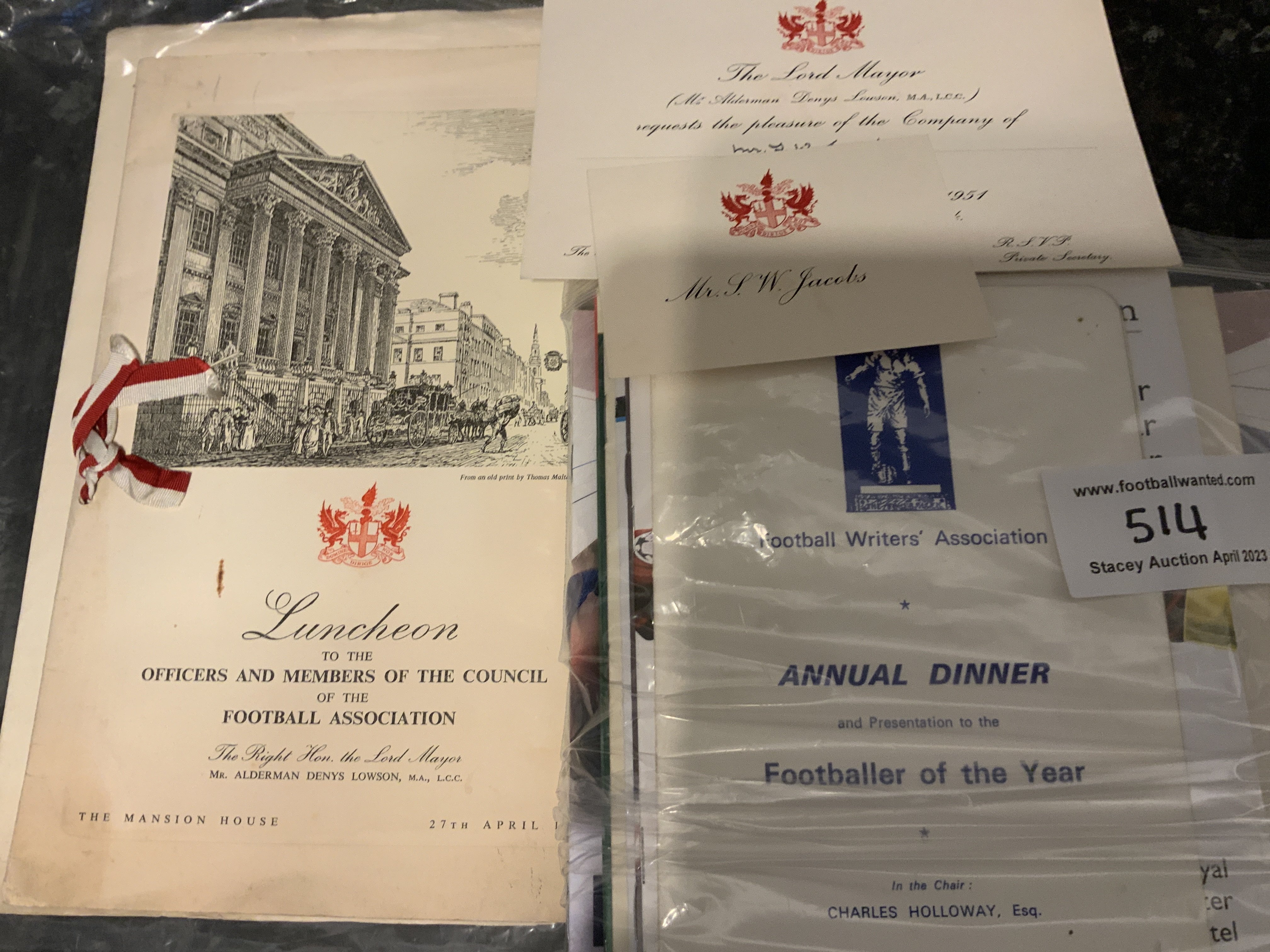 Football Dinner Menu + Invitations: Wales FA 1951 in London with invite, name place and list of guests, Invitation the 1994 World Cup draw in New York, 9 Football Writers dinners, 2008 Champions League Final menu, Chelsea + Manchester United related menus and more. (27)