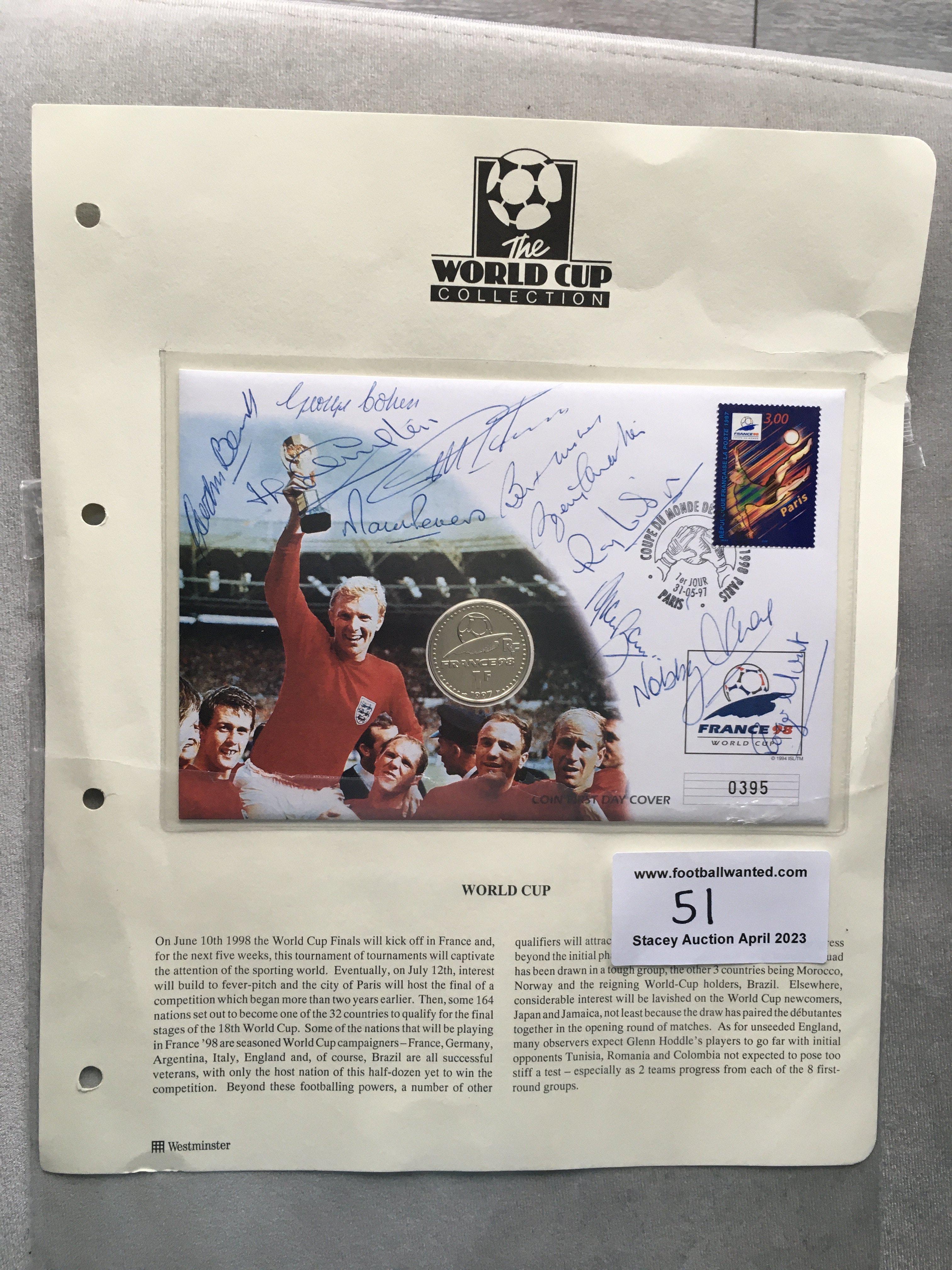 England 1966 World Cup Signed FDC: Produced in 1998 for the Westminster Collection. Has France 98 coin to centre. Signed by the 10 existing World Cup winners excluding Bobby Moore. Attractive.