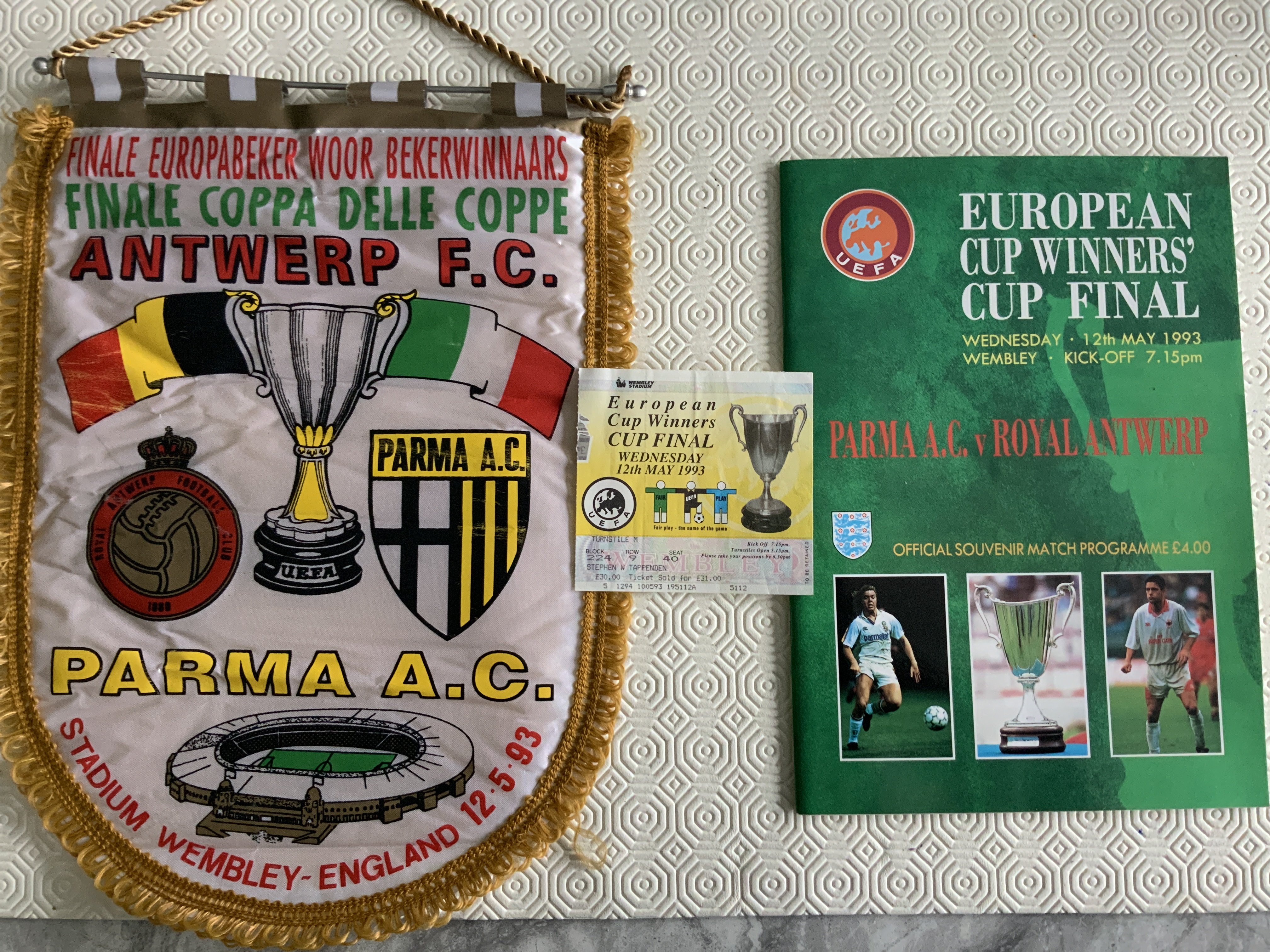 Monaco Exchange Football Pennant: Almost certainly given by A.S. Monaco to an opposition team. Very likely to be a UEFA Cup match around 1980. Very large expensively engraved in gold. 21 inch long material. Nice item.