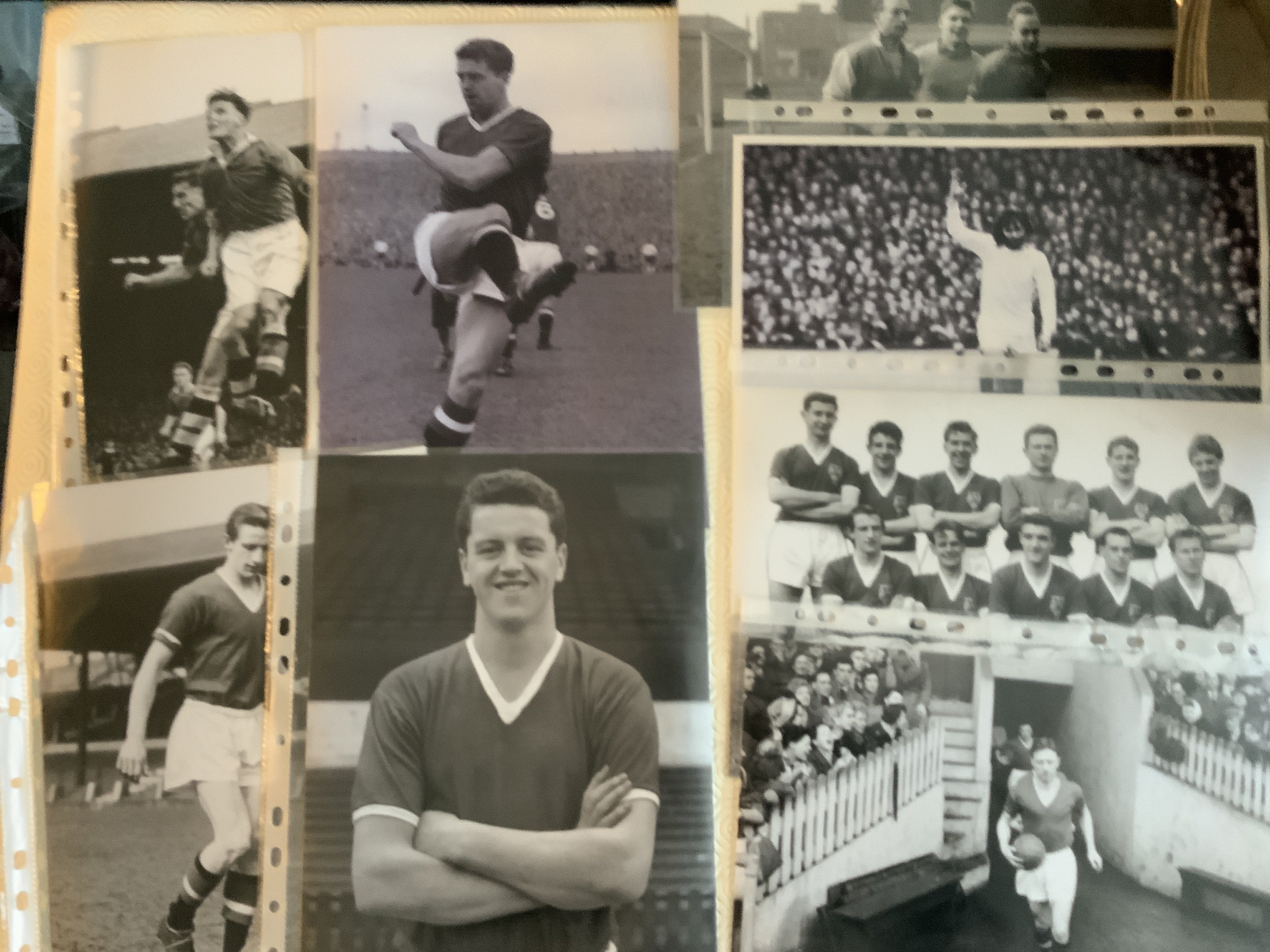 Football Photos: A4 size black and white replica photos of some old greats including a young George Best and Bobby Charlton plus Billy Wight and Stanley Matthews training. Instructions to sell. Good Manchester United content. Duplication. (27)