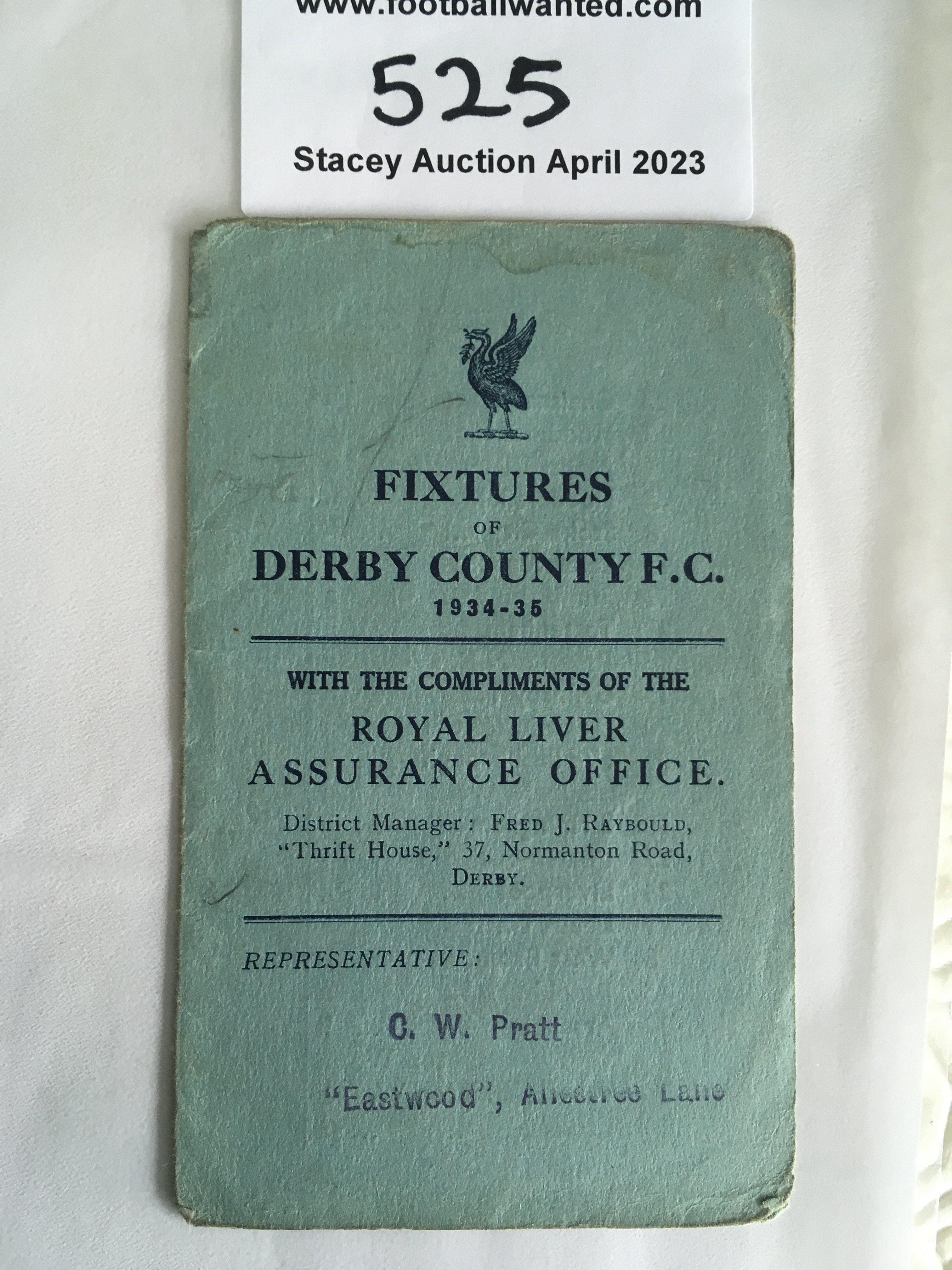 34/35 Derby County Football Fixture List: Four pager listing first team fixtures with many results filled in with pencil. Fair with repair to spine.