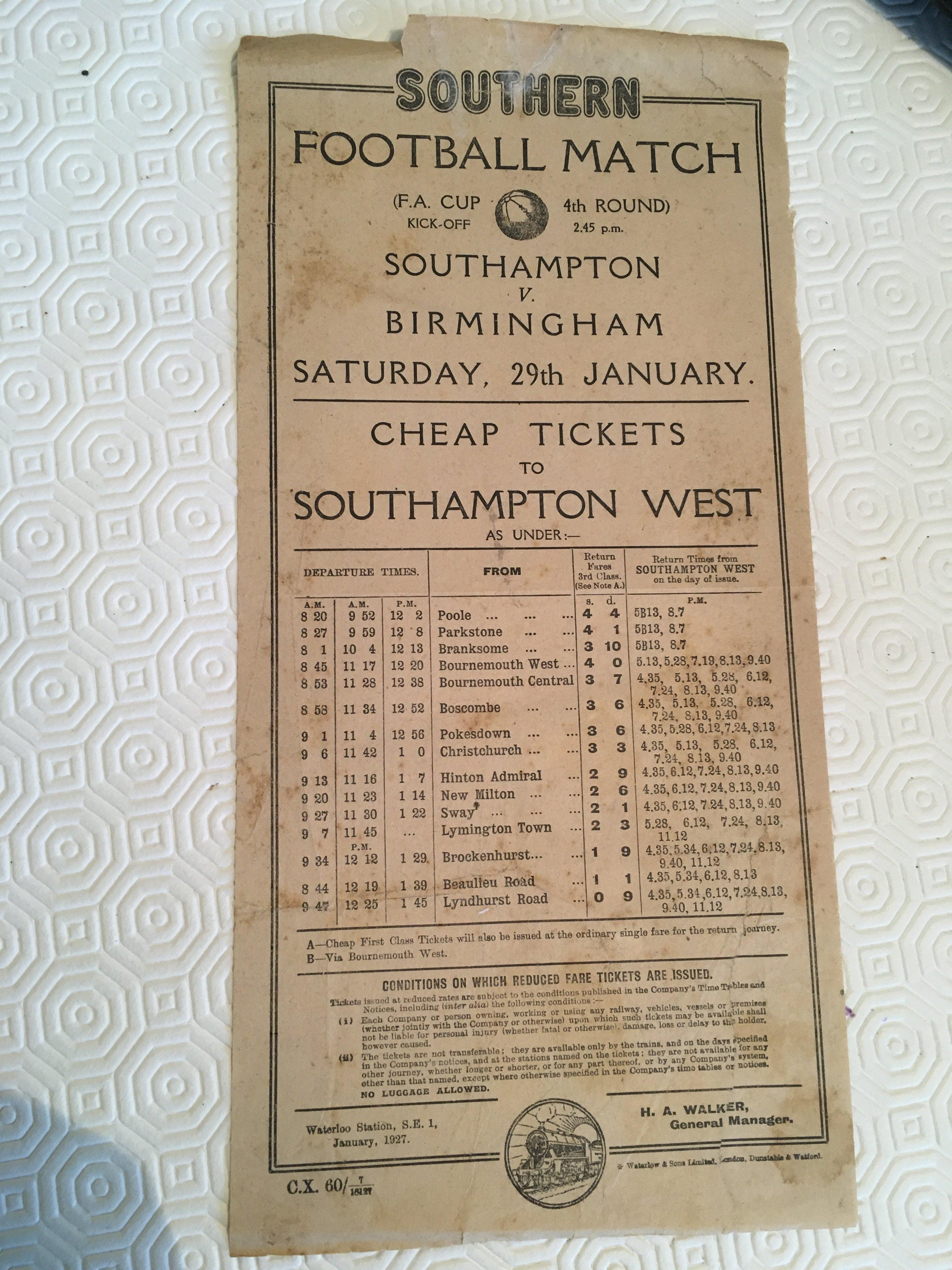 26/27 Southampton v Birmingham City FA Cup Railway Handbill: Railway flyer advertising travel to Southampton for the 4th round match. Couple of tiny tears to top border and some foxing but overall at least fair for near nearly 100 years old.