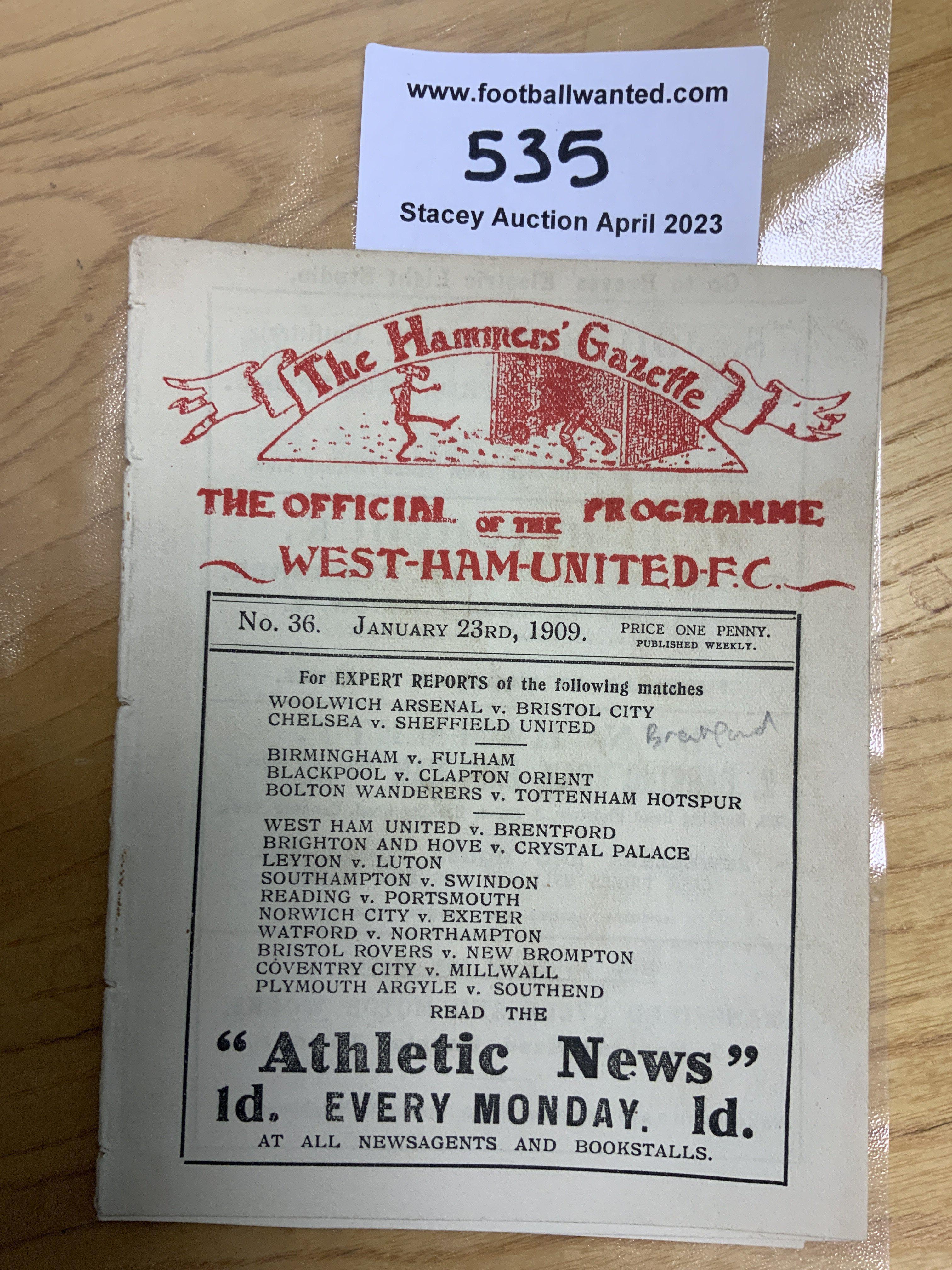 1908 - 1909 West Ham v Brentford Football Programme: Good condition 16 page ex bound with covers and has no team changes. Great adverts for local pubs the Boleyn and the Denmark Arms. First team match is from the Southern League.
