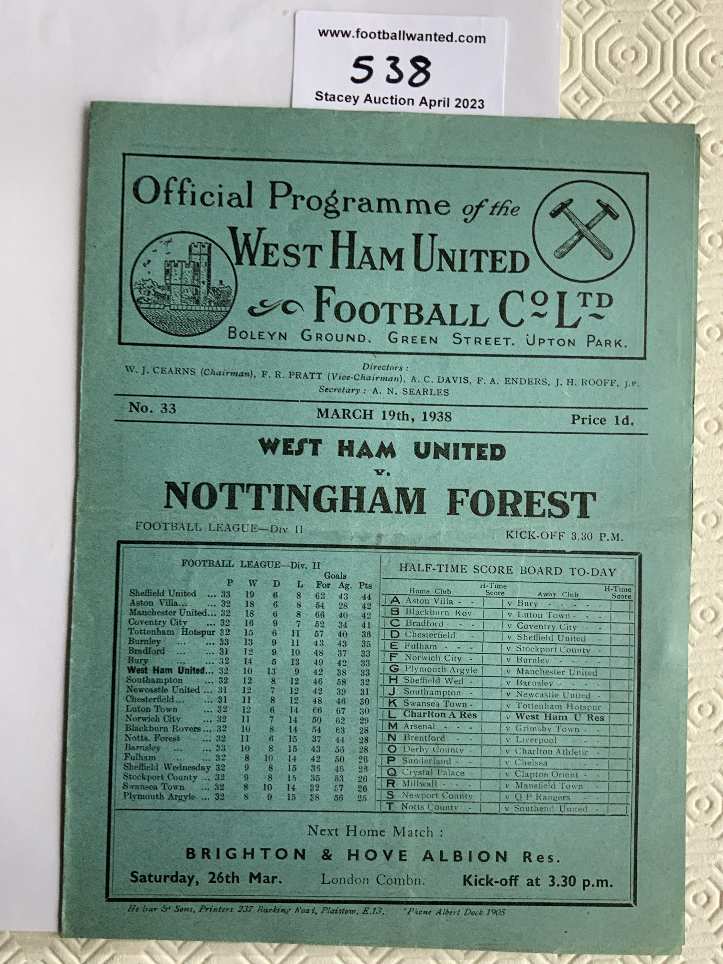 37/38 West Ham v Nottingham Forest Football Programme: Excellent condition league match with no team changes.