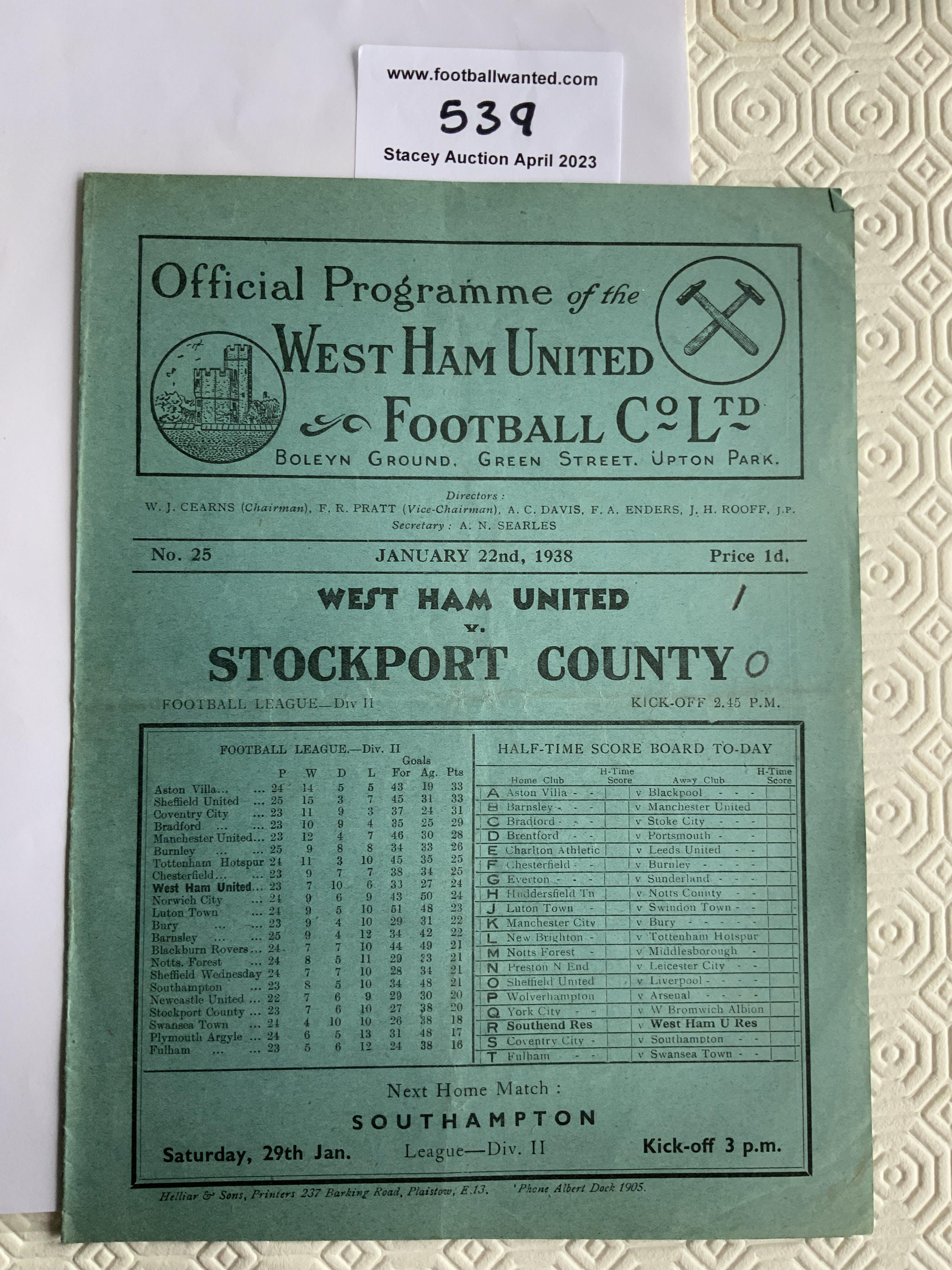 37/38 West Ham v Stockport County Football Programme: Good condition league match with no team changes. Pencilled score to cover.
