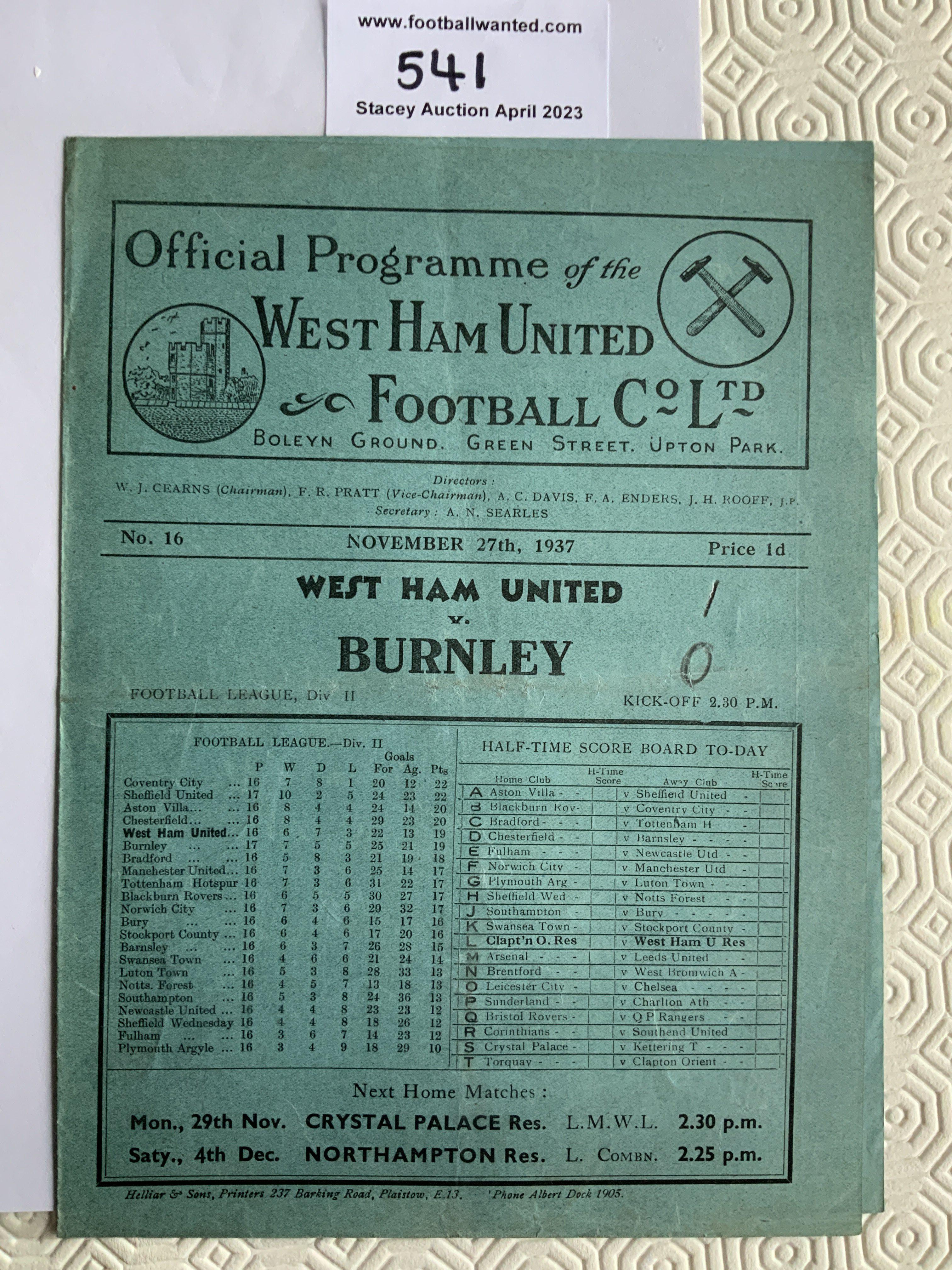 37/38 West Ham v Burnley Football Programme: Good condition league match with no team changes. Pencilled score to cover.