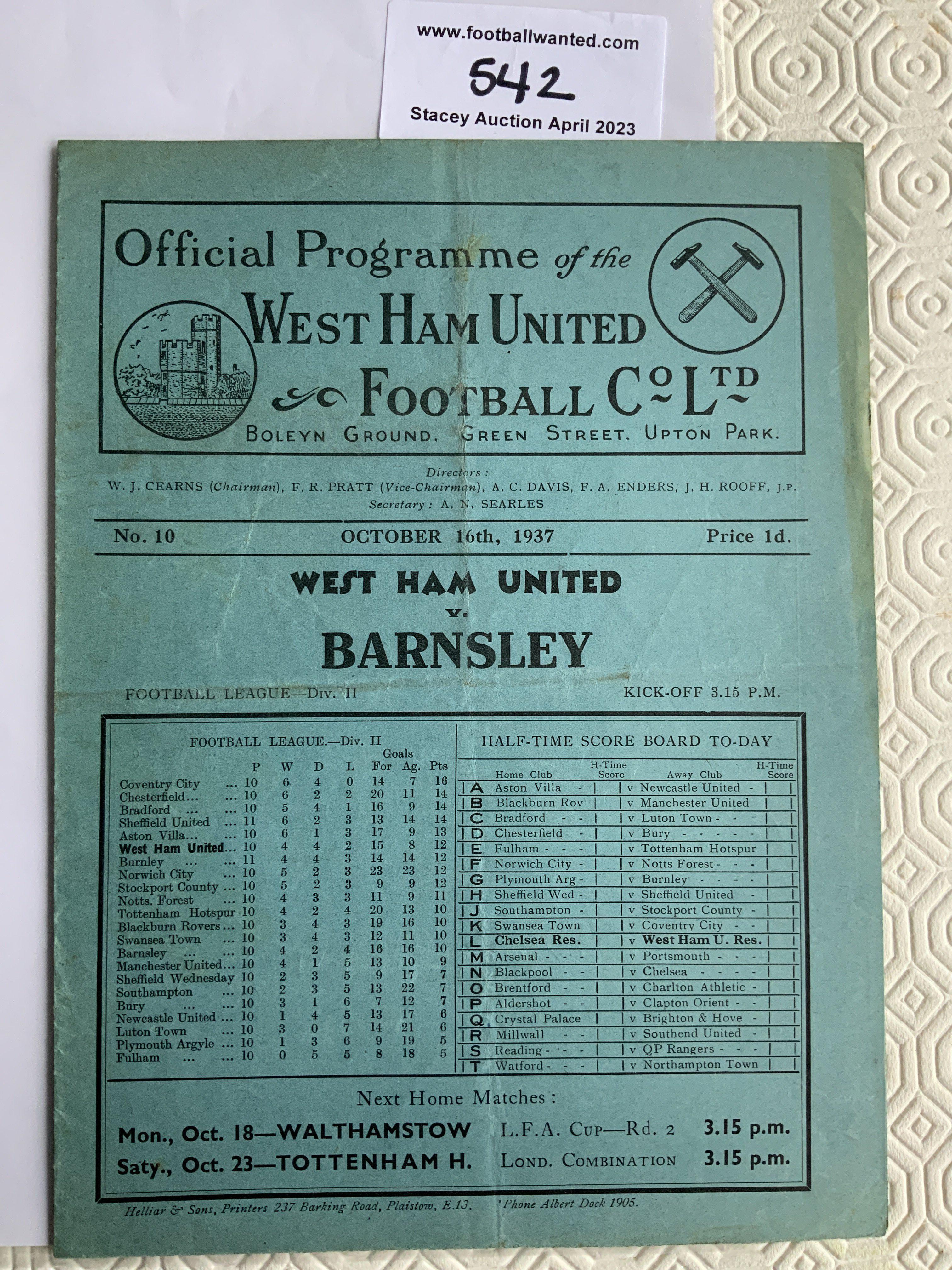 37/38 West Ham v Barnsley Football Programme: Good condition league match with no team changes.