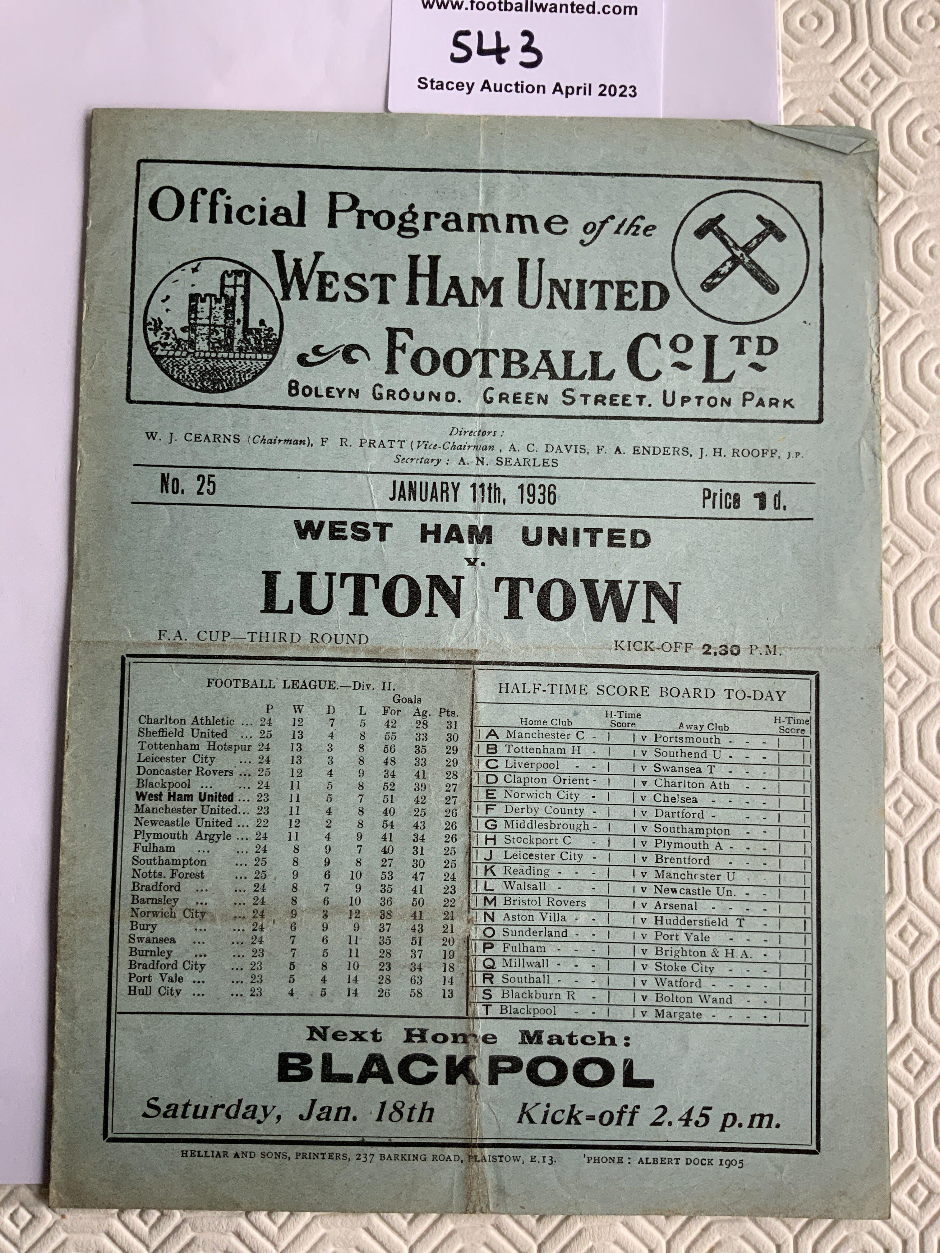 35/36 West Ham v Luton Town Football Programme: Good condition fa cup match with no team changes. Folding.