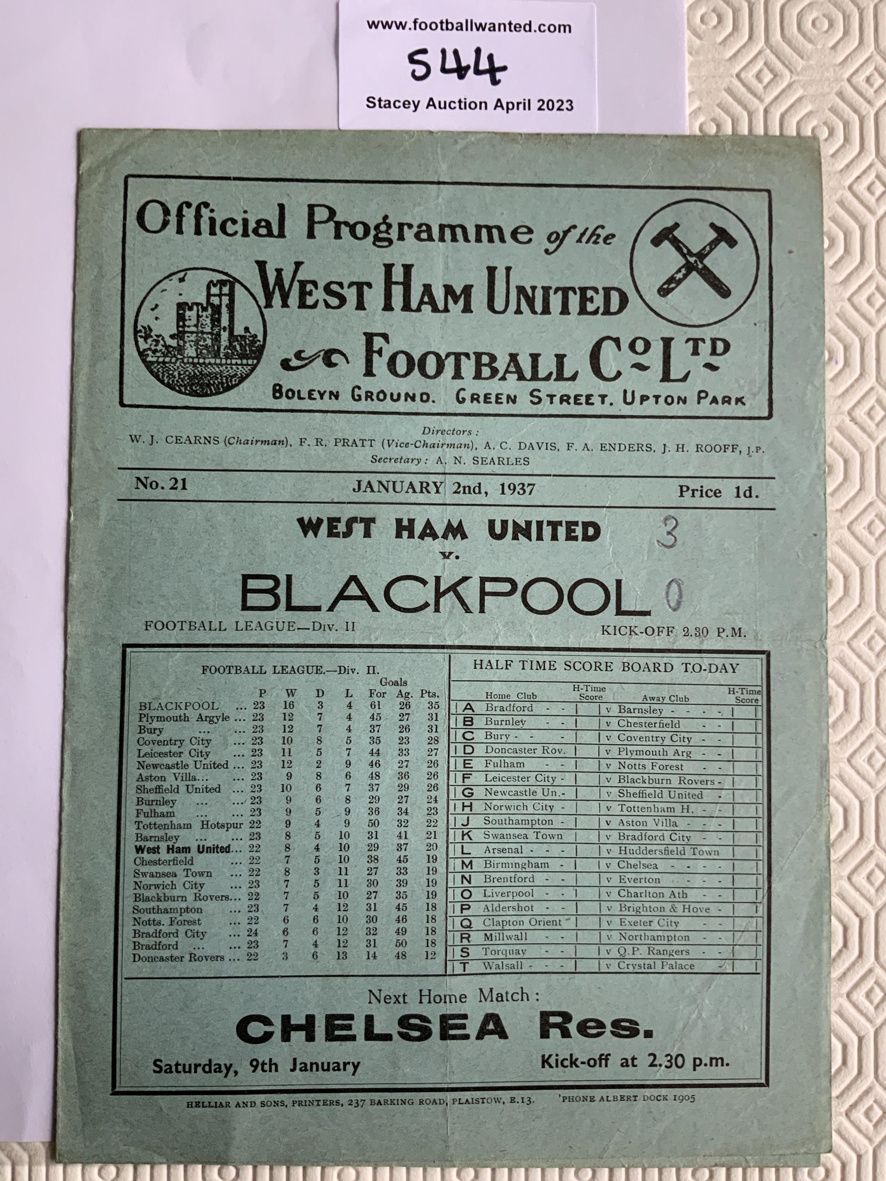 36/37 West Ham v Blackpool Football Programme: Very good condition league match with no team changes. Pencilled score to cover.
