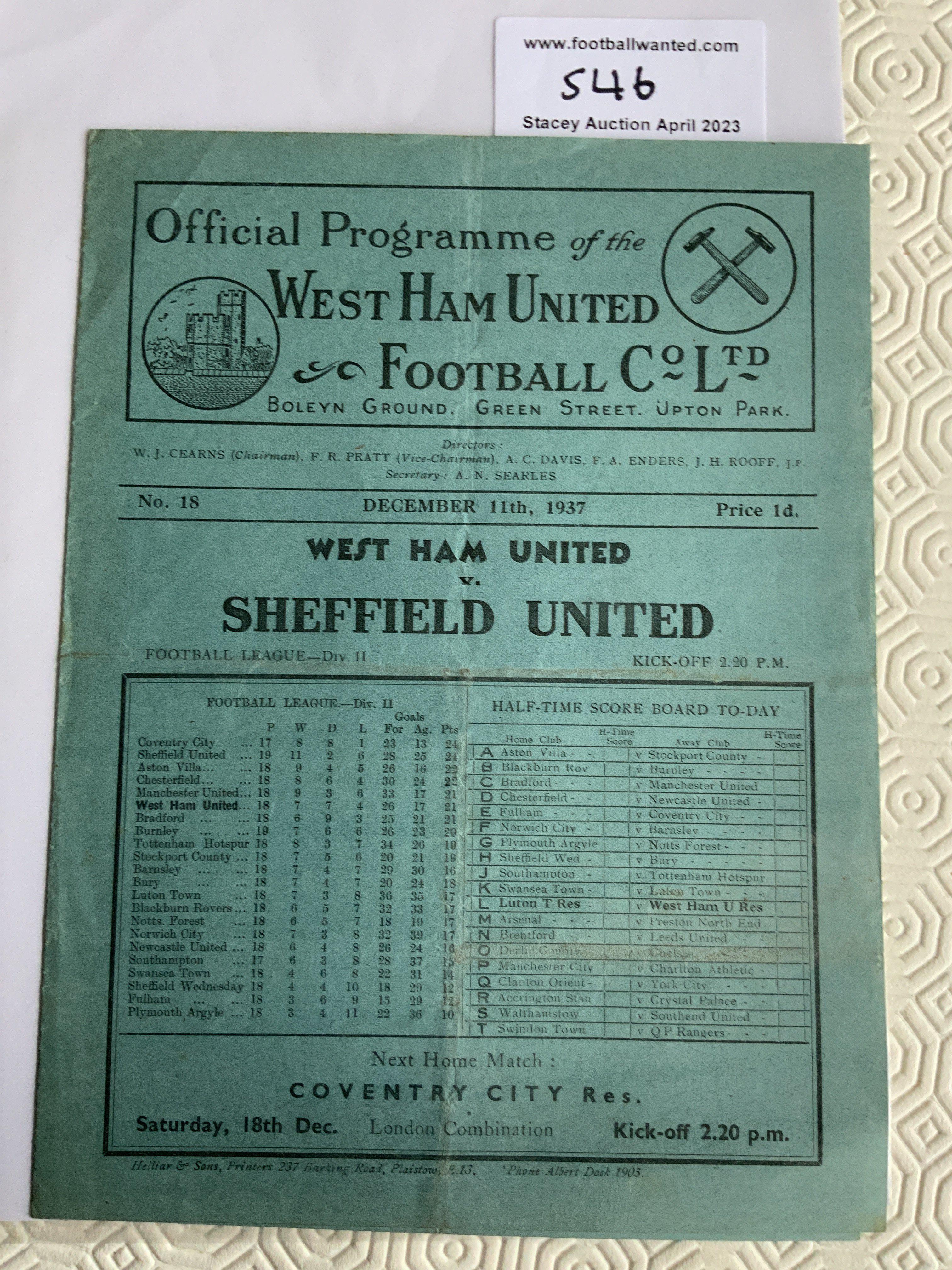 37/38 West Ham v Sheffield United Football Programme: Very good condition league match with no team changes. Folding.