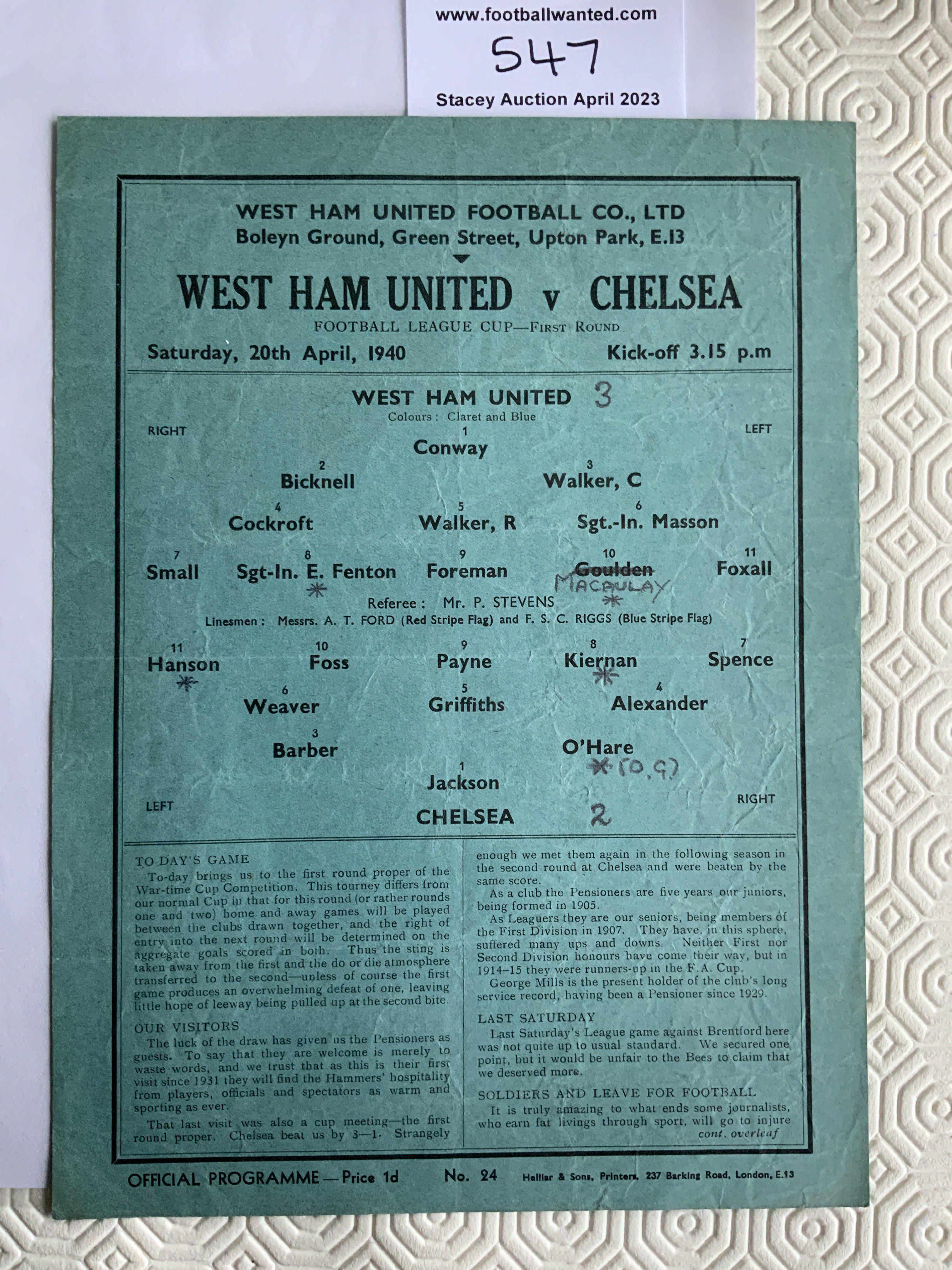 39/40 West Ham v Chelsea Football Programme: Very good condition cup match with pencilled team changes dated 20 4 1940.