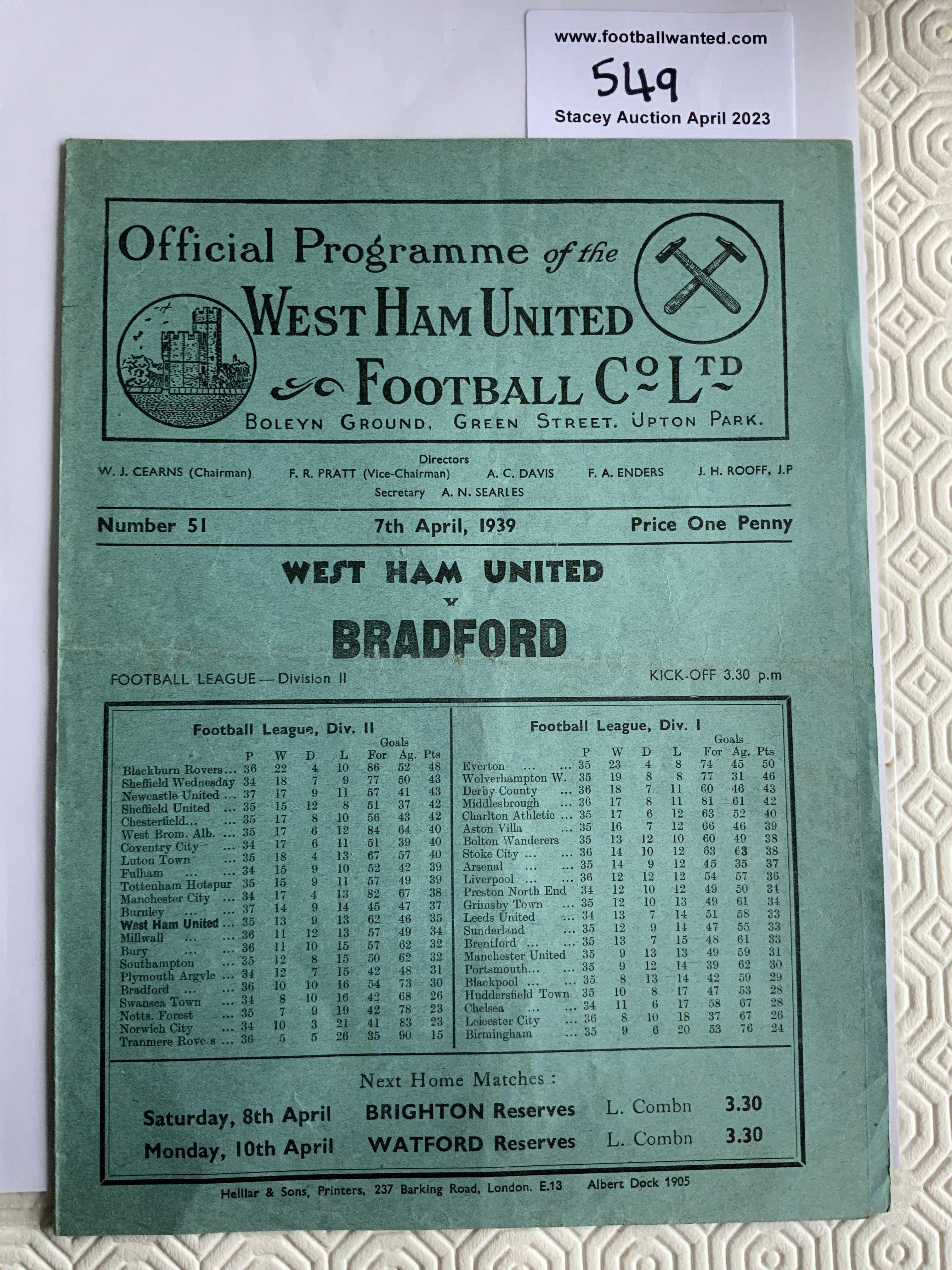 38/39 West Ham V Bradford Park Avenue Football Programme: Very good condition league match with no team changes.