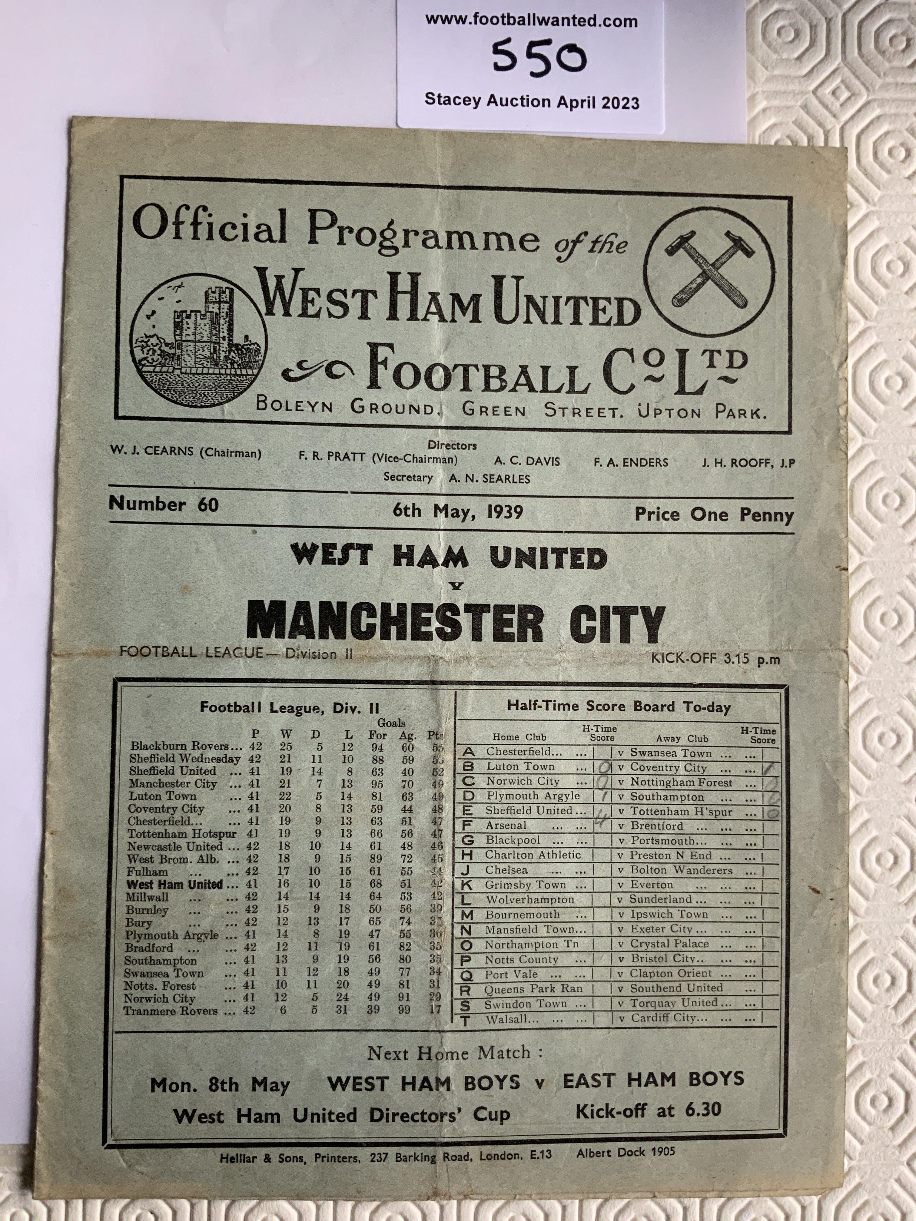38/39 West Ham V Manchester City Football Programme: Good condition league match with no team changes. Folding.