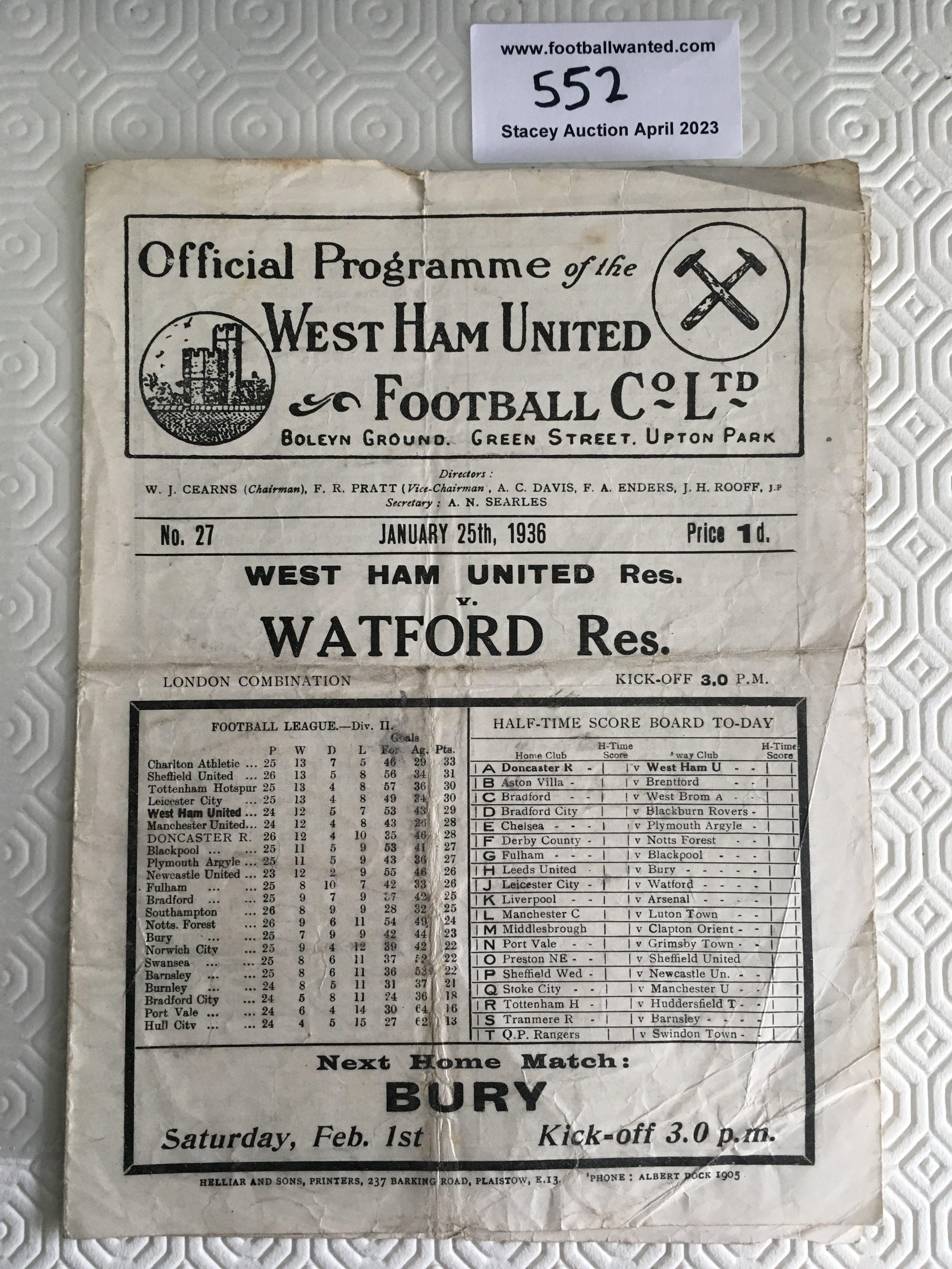 35/36 West Ham Reserves v Watford Football Programme: London Combination programme is poor/fair due to wear and creasing. No team changes.
