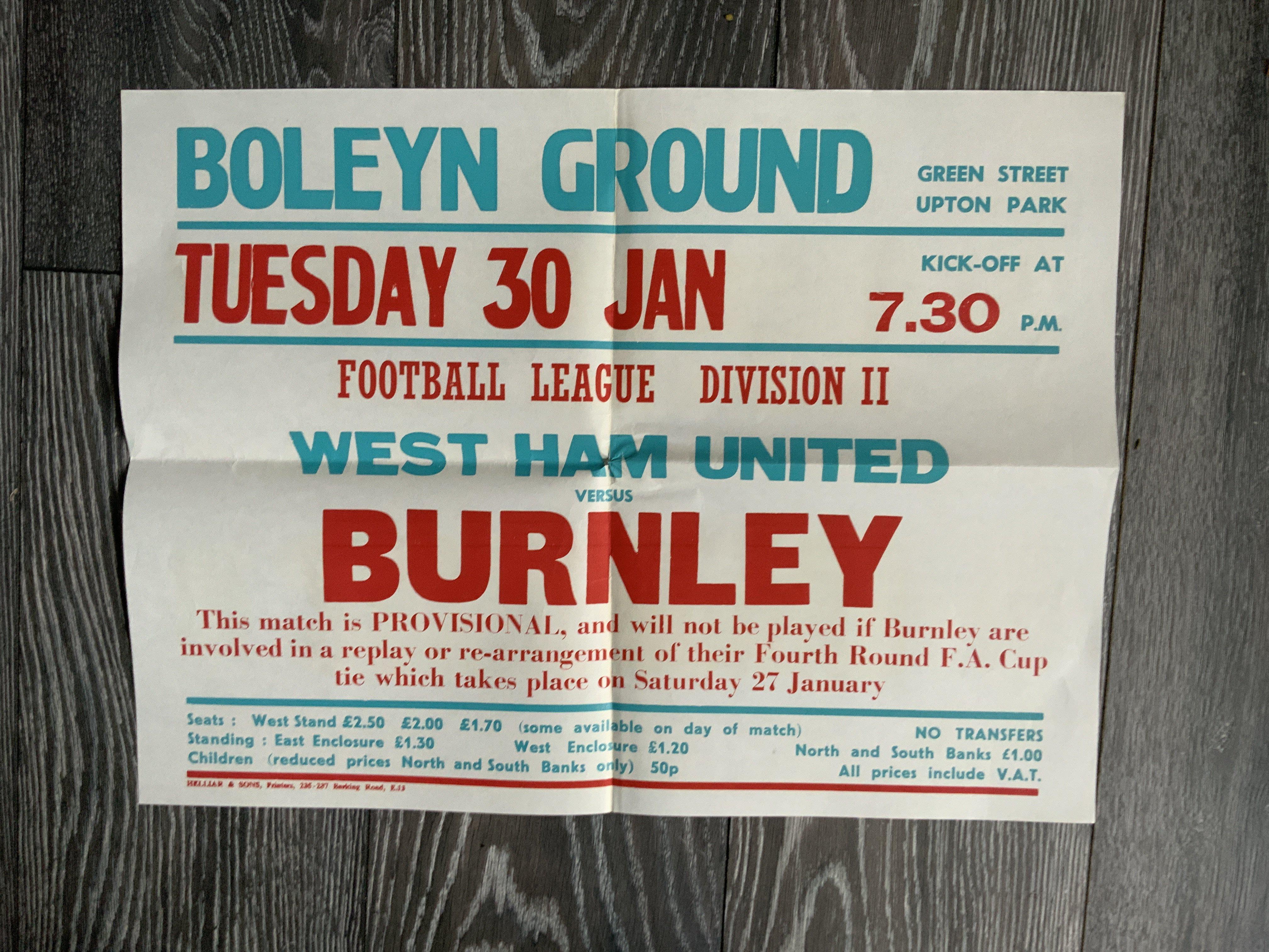 78/79 West Ham v Burnley Advertising Football Poster: Excellent condition folded into 4 measuring 20 x 15 inches. Dated 30 1 1979. Postponed and later played on 24 4 1979.