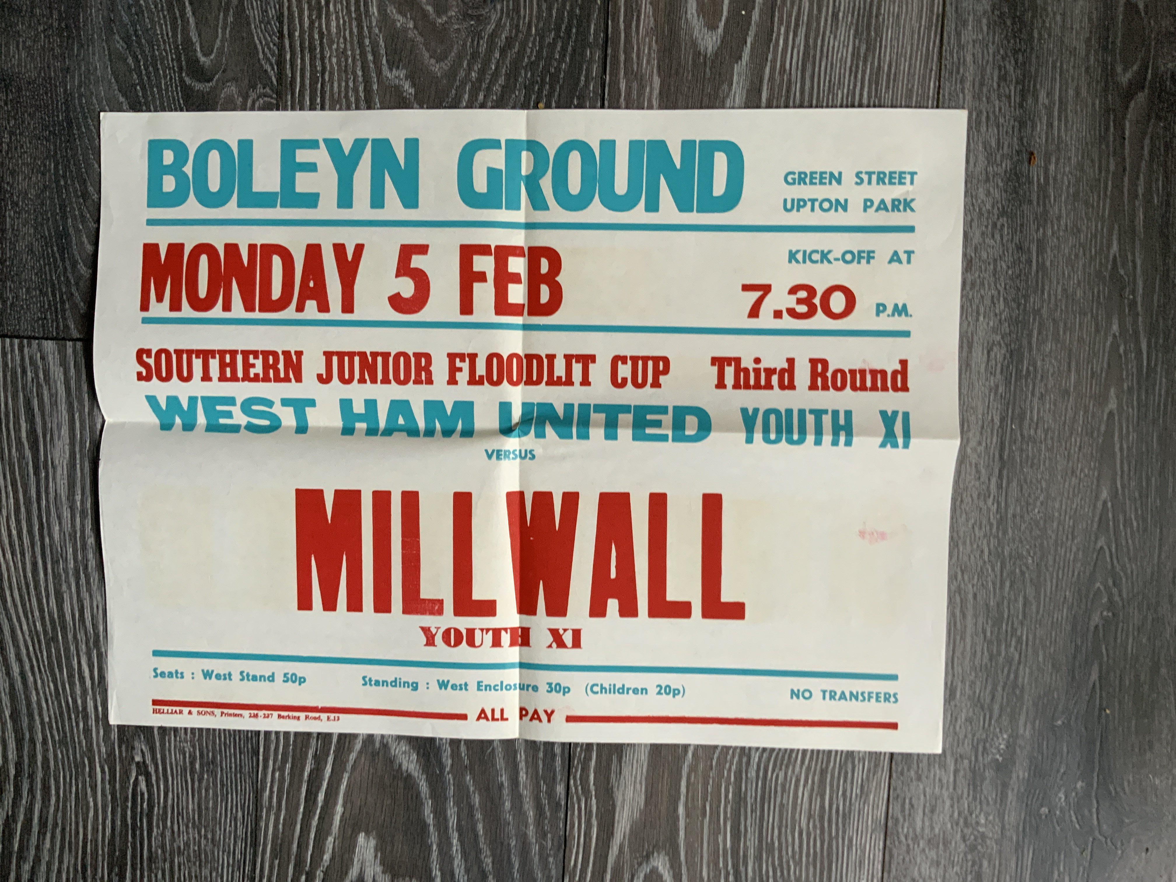 78/79 West Ham Youth v Millwall Advertising Football Poster: Excellent condition folded into 4 measuring 20 x 15 inches. Dated 5 2 1979. Southern Junior Floodlit Cup.