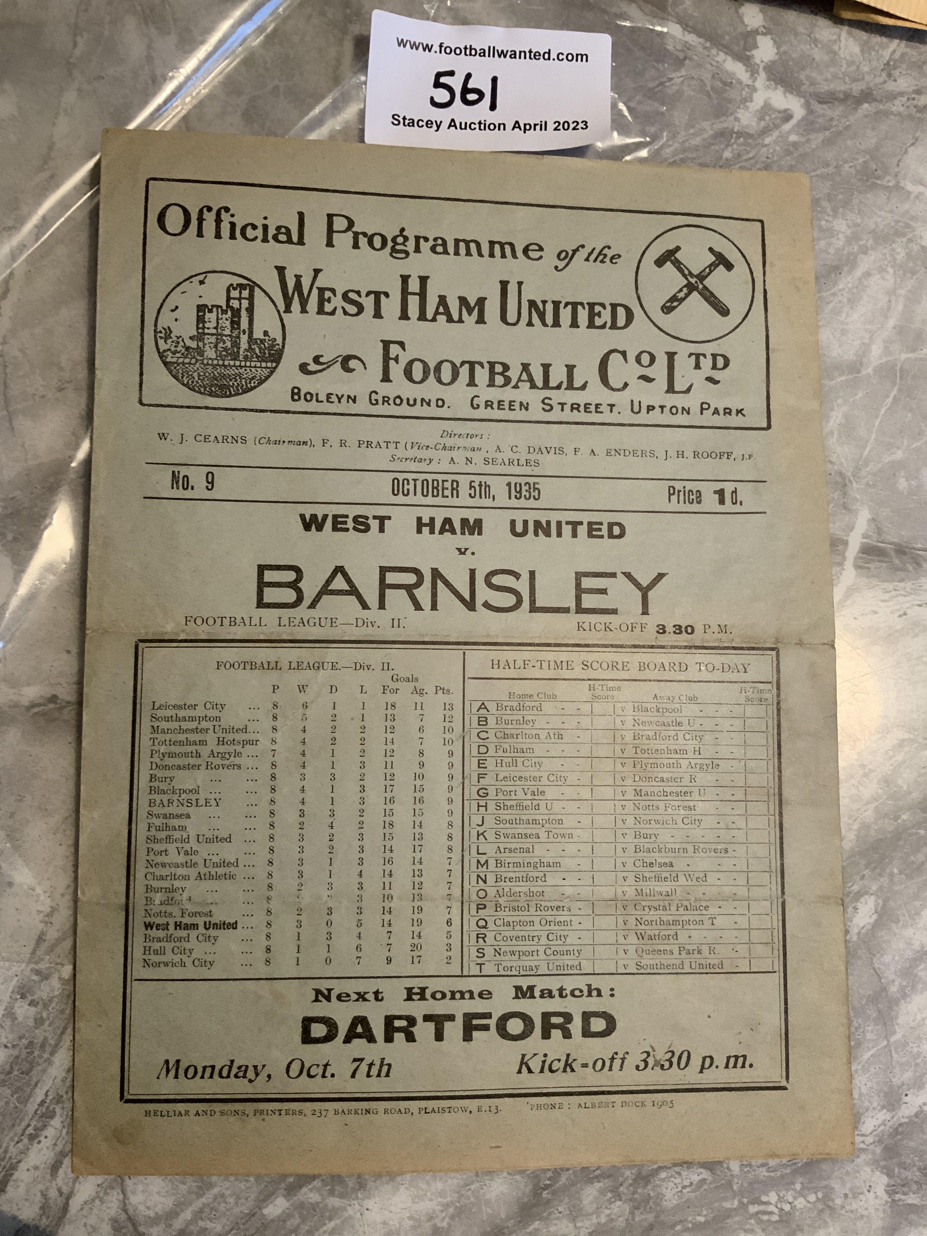 35/36 West Ham v Barnsley Football Programme: Good condition division 2 programme with no team changes.