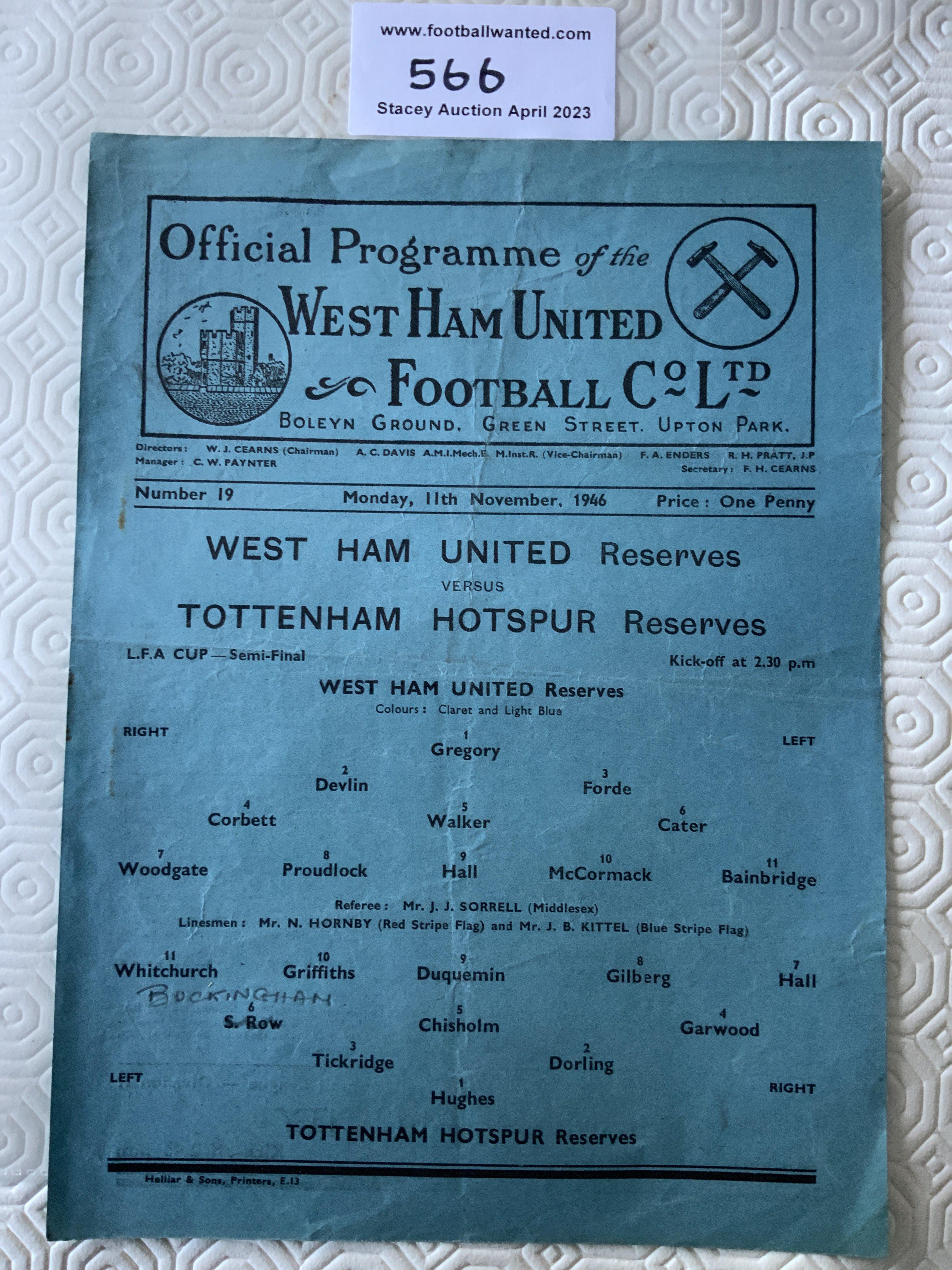46/47 West Ham v Tottenham LFA Football Programme: Single sheet reserves match in good condition with folding and one pencilled team change. London FA Cup semi final.