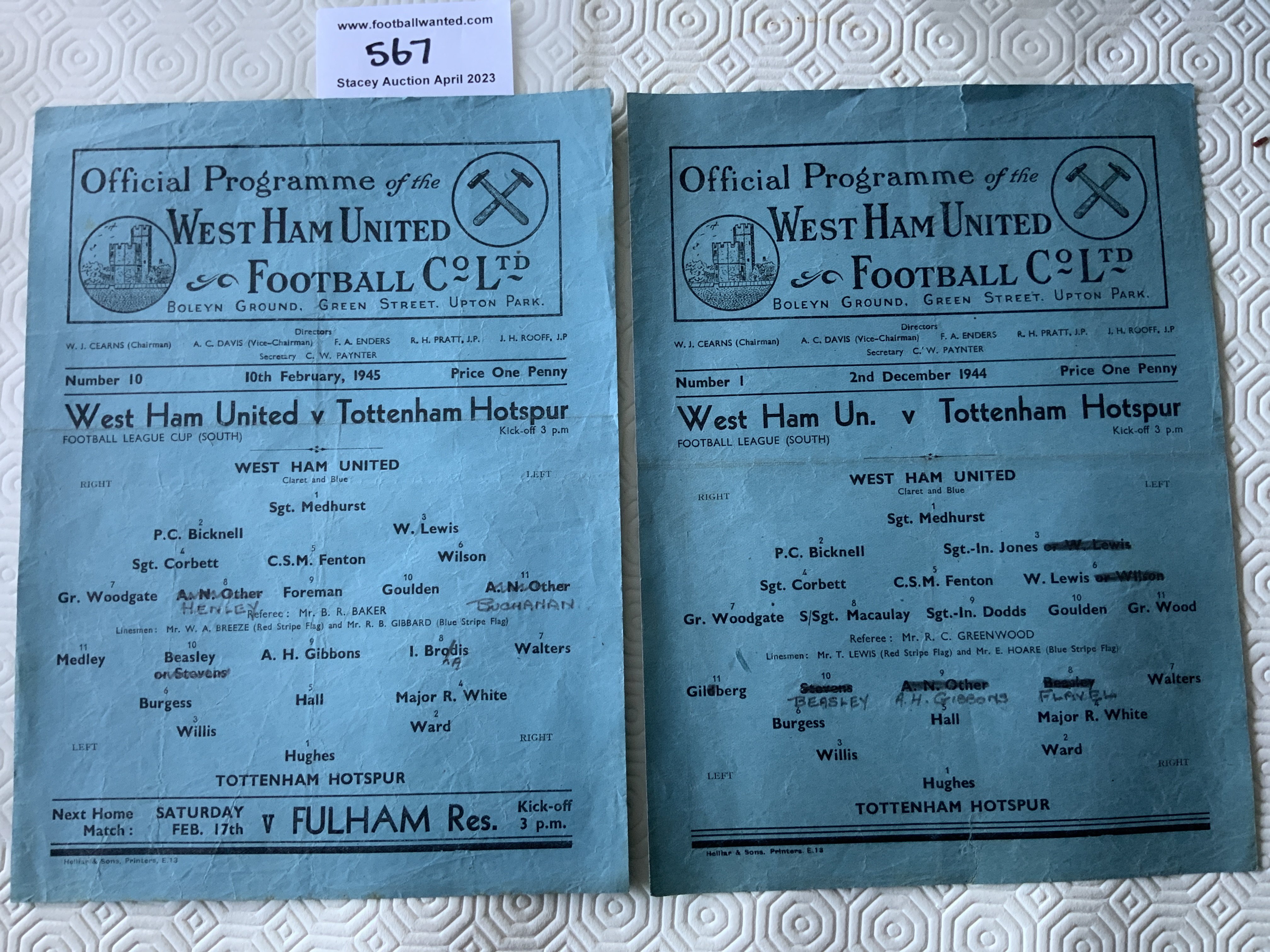 44/45 West Ham v Tottenham Football Programmes: Single sheets in fair/good condition with folding and team changes. Cup match 10 2 1945 and league match 2 12 1944 which has small tear to border. (2)