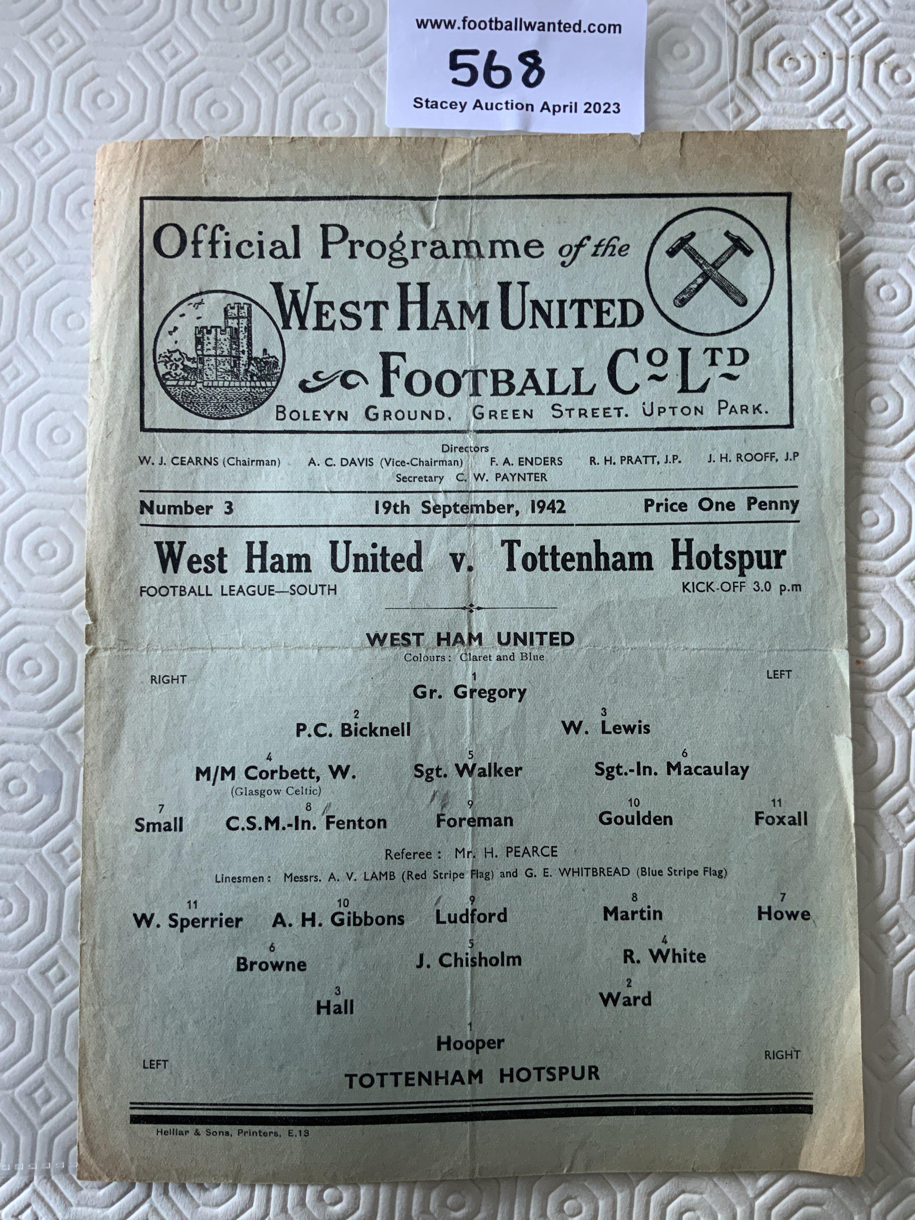 42/43 West Ham v Tottenham Football Programme: Single sheet in fair/good condition with folding and a few tiny nicks to border. No team changes.