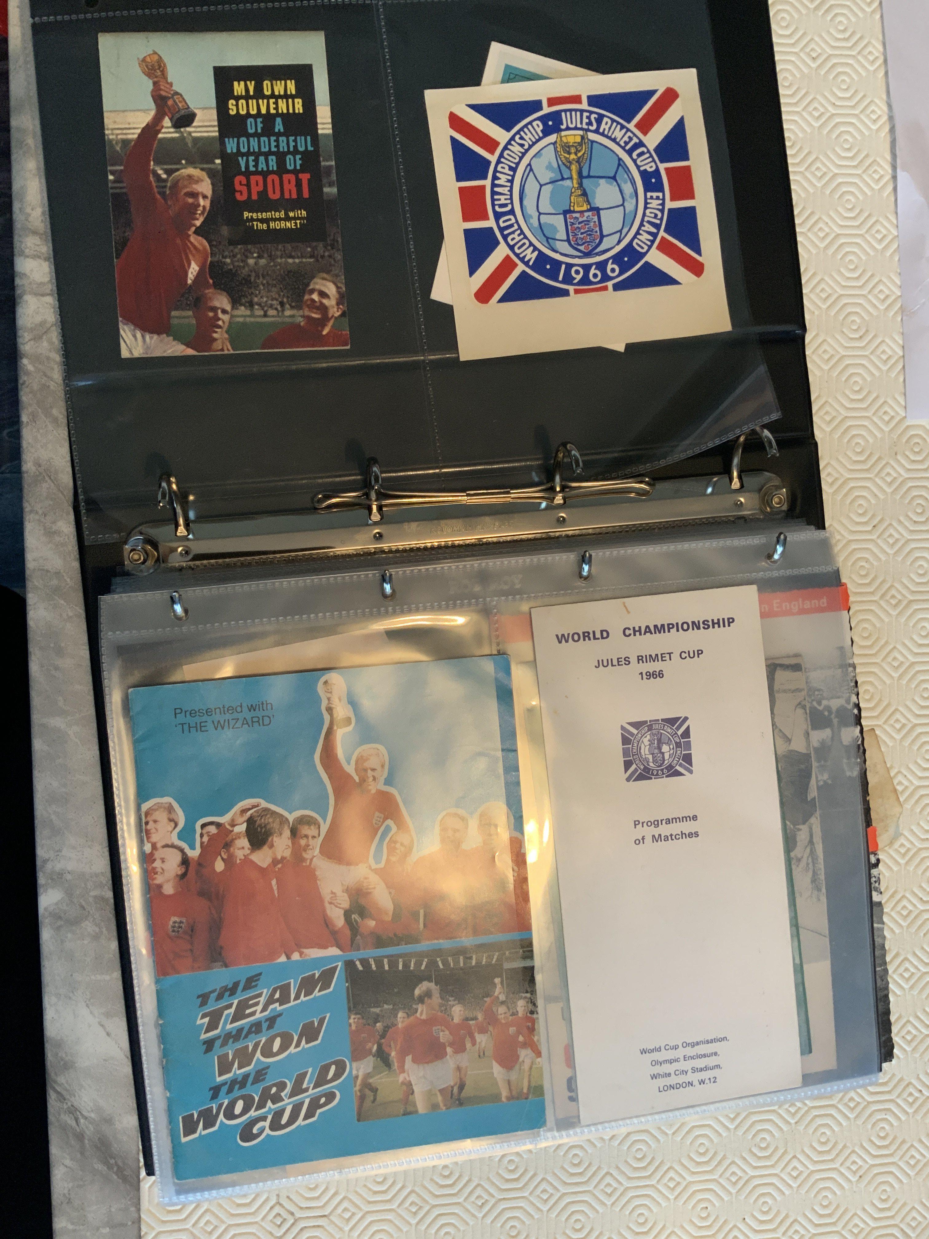 1966 World Cup Football Memorabilia Folder: So many nice pieces of original memorabilia, this is a must view. Includes Westclox fixture list, items from the Hornet + Wizard, programme of matches, special car park sticker, German postcards, France v Mexico ticket, passport holder, FDCs including final, WC Willie postcard, beer mats, souvenirs from Brooke Bond, car sticker, official letter thanking press and a further regarding tickets, official souvenir brochure, coin, invitation to draw, rail information, small brochures including French, official GPO phone numbers book, calendar and lots more.