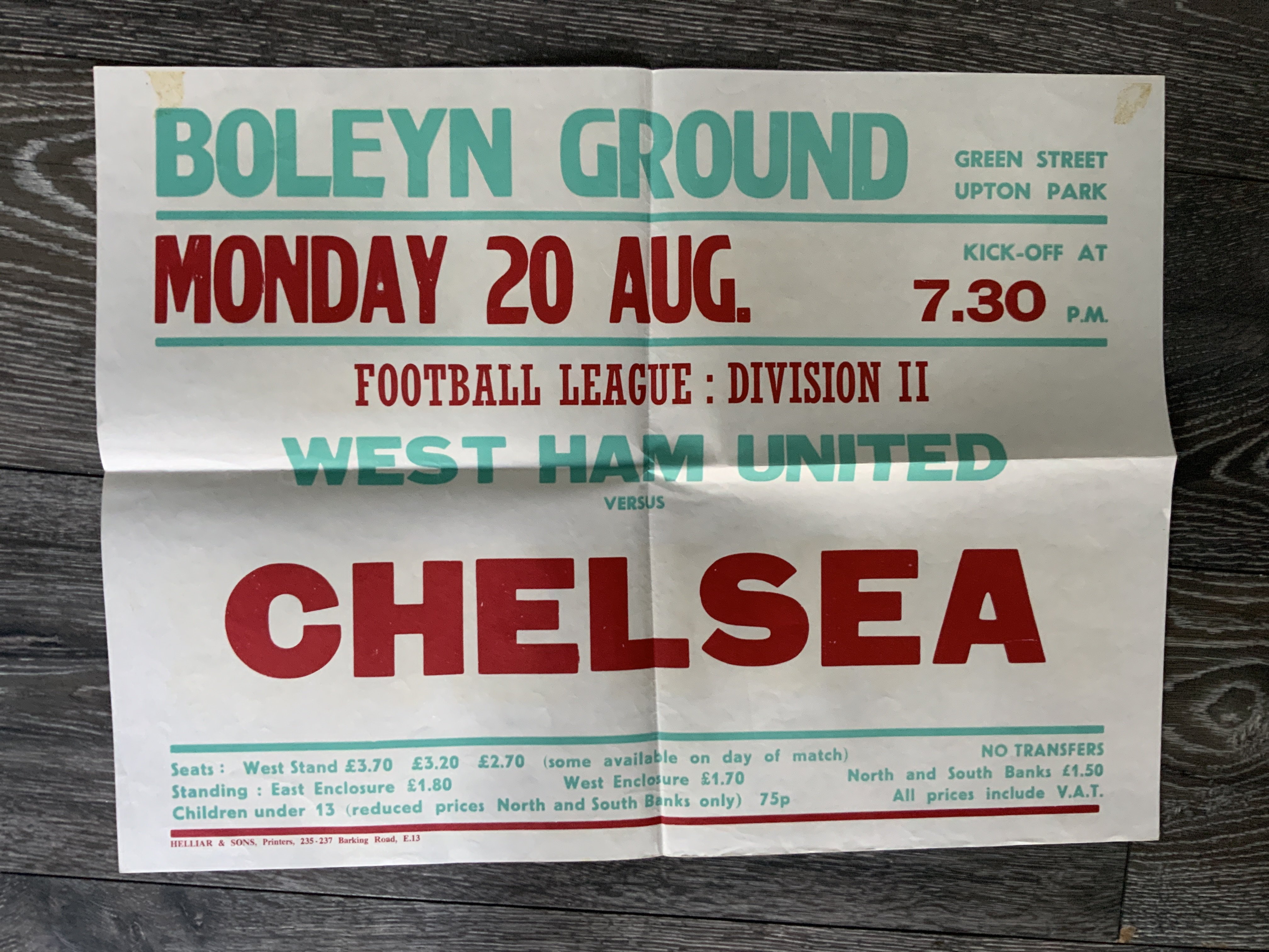 79/80 West Ham v Chelsea Football Poster: Excellent condition folded into 4 measuring 20 x 15 inches. League Division 2 match dated 20 8 1979. C/W envelope from printers Helliar.