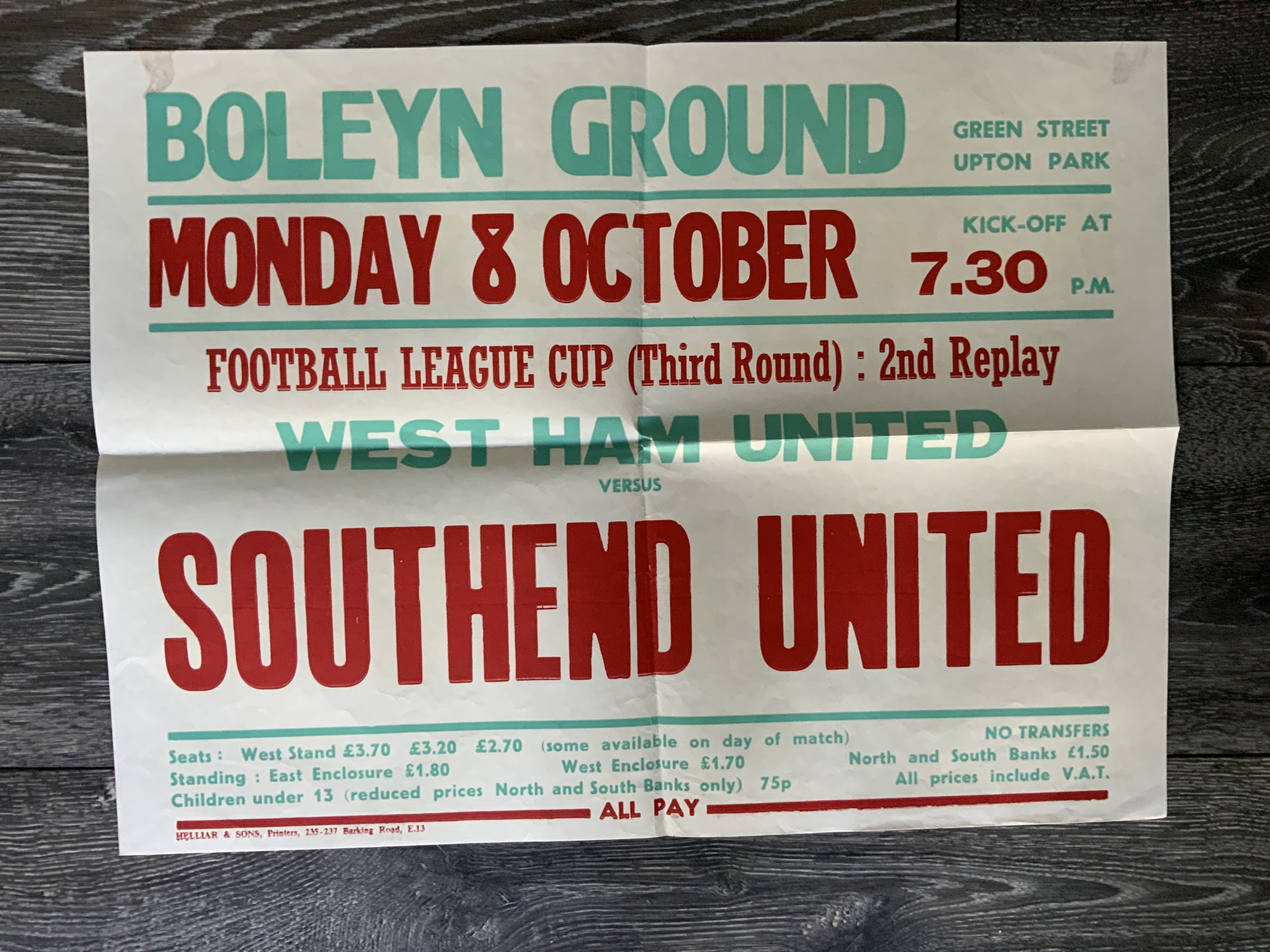 79/80 West Ham v Southend United Football Poster: Excellent condition folded into 4 measuring 20 x 15 inches. League Cup 2nd replay dated 8 10 1979.