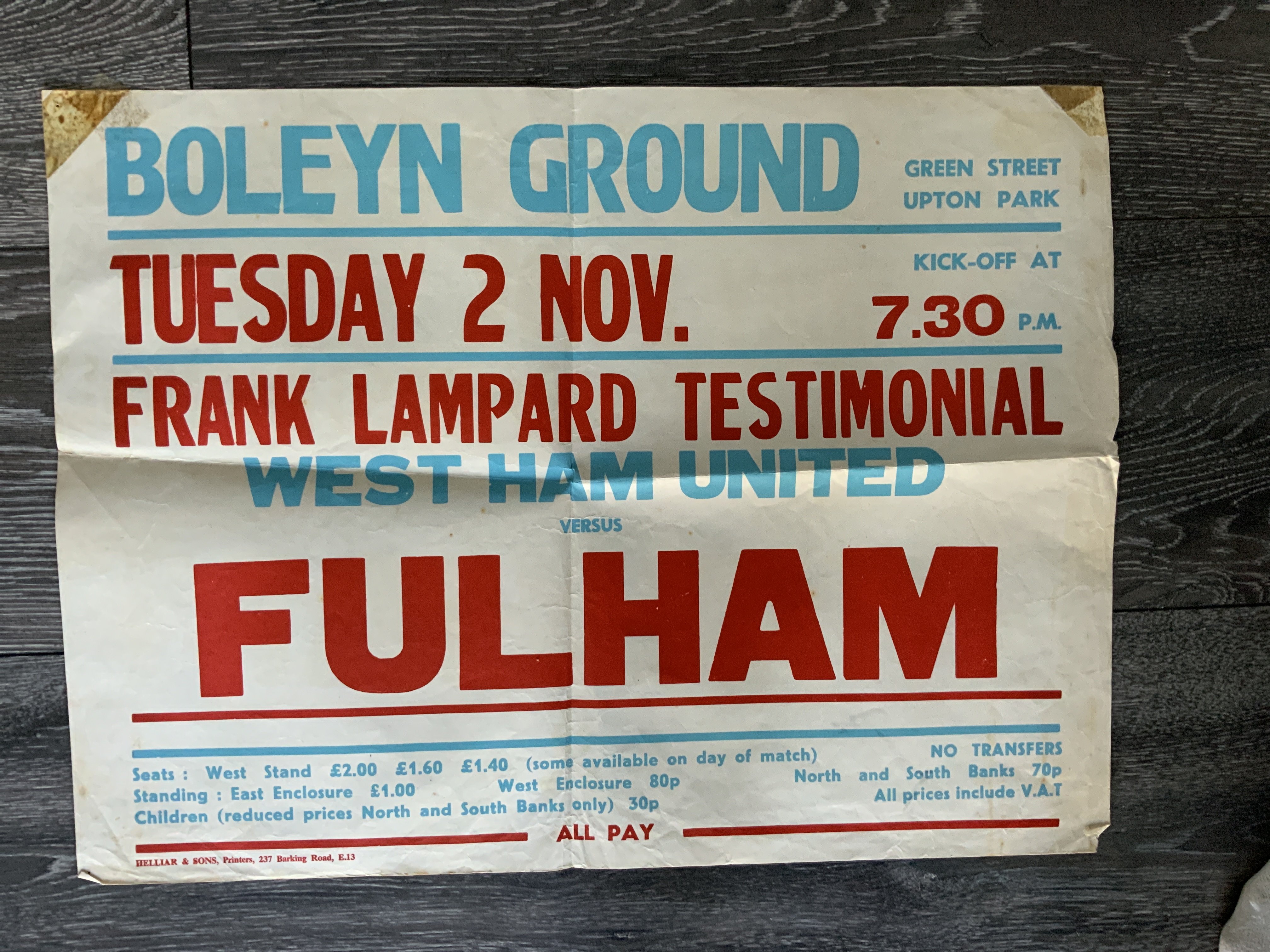 1976 Frank Lampard West Ham Testimonial Poster: Good condition folded into 4 with tape to top corners. Dated 2 11 1976 with players involved including Moore Best and Marsh with Fulham the opponents. Measures 20 x 15 inches.