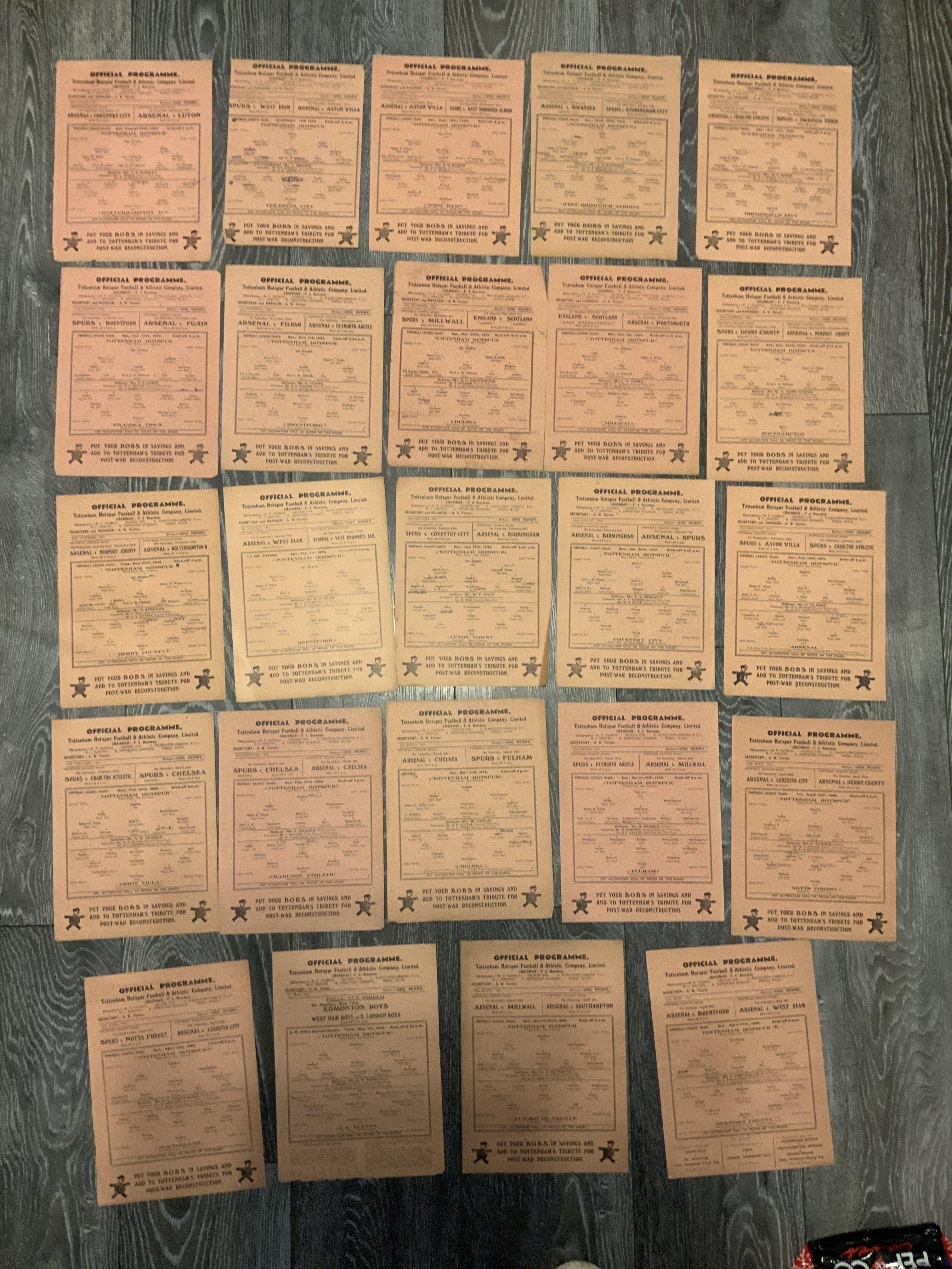 45/46 Complete Tottenham Home Football Programmes: All 21 league matches plus Brentford FA Cup Chelsea Friendly and Hall Benefit Match. Fair/good with one trimmed. (24)