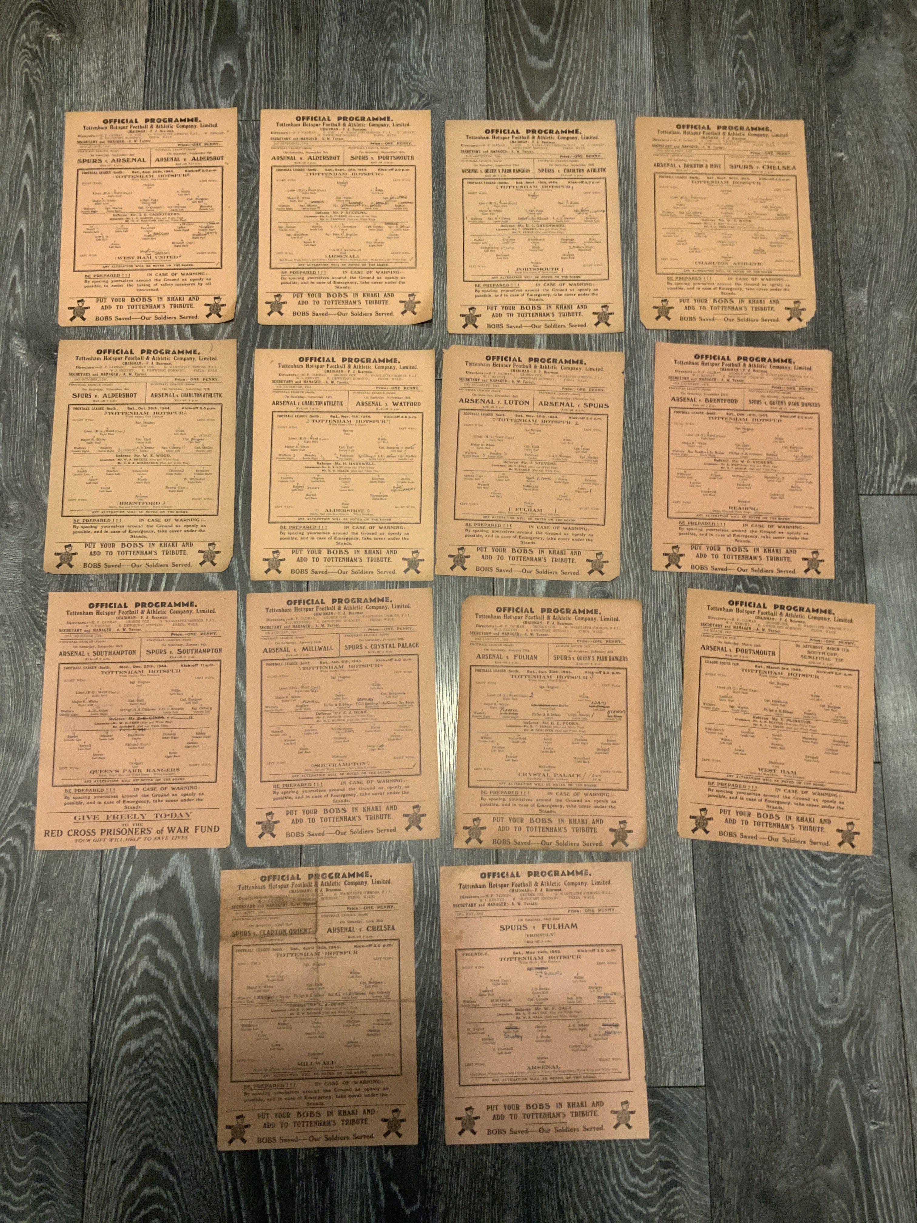 44/45 Tottenham Home Football Programmes: 12 league matches plus West Ham Cup and Arsenal Friendly. Fair/good. (14)