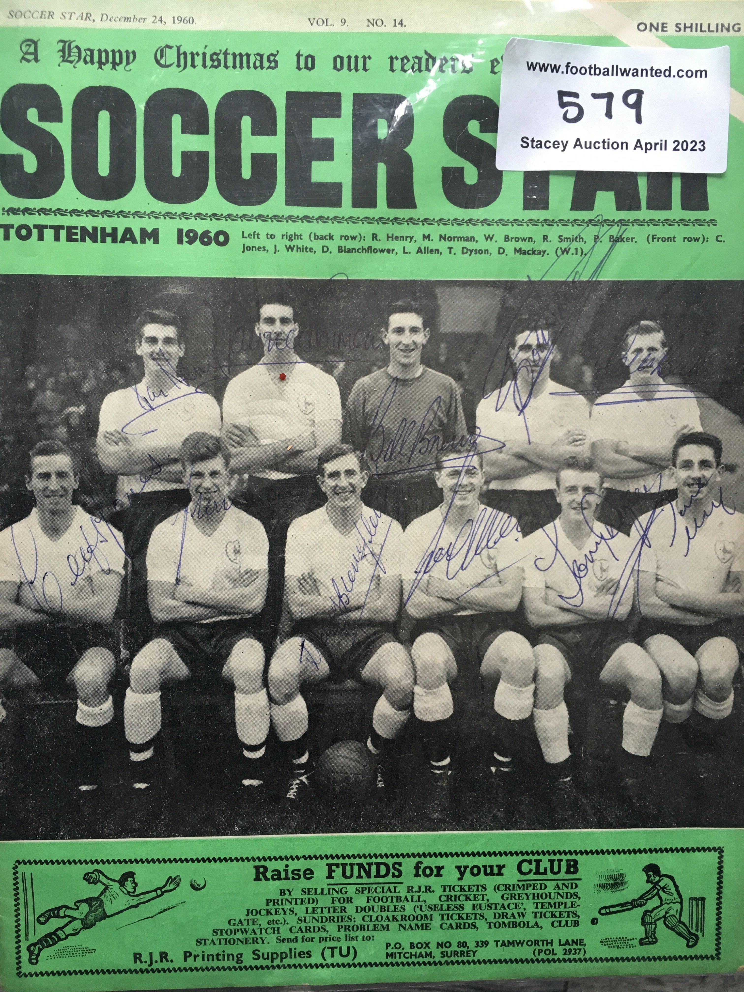 Tottenham 60/61 Fully Signed Magazine Picture: Double winners pictured in December 1960 on the front page of Soccer Star. Signed in biro by all 11 players pictured. Includes Blanchflower White and Mackay.
