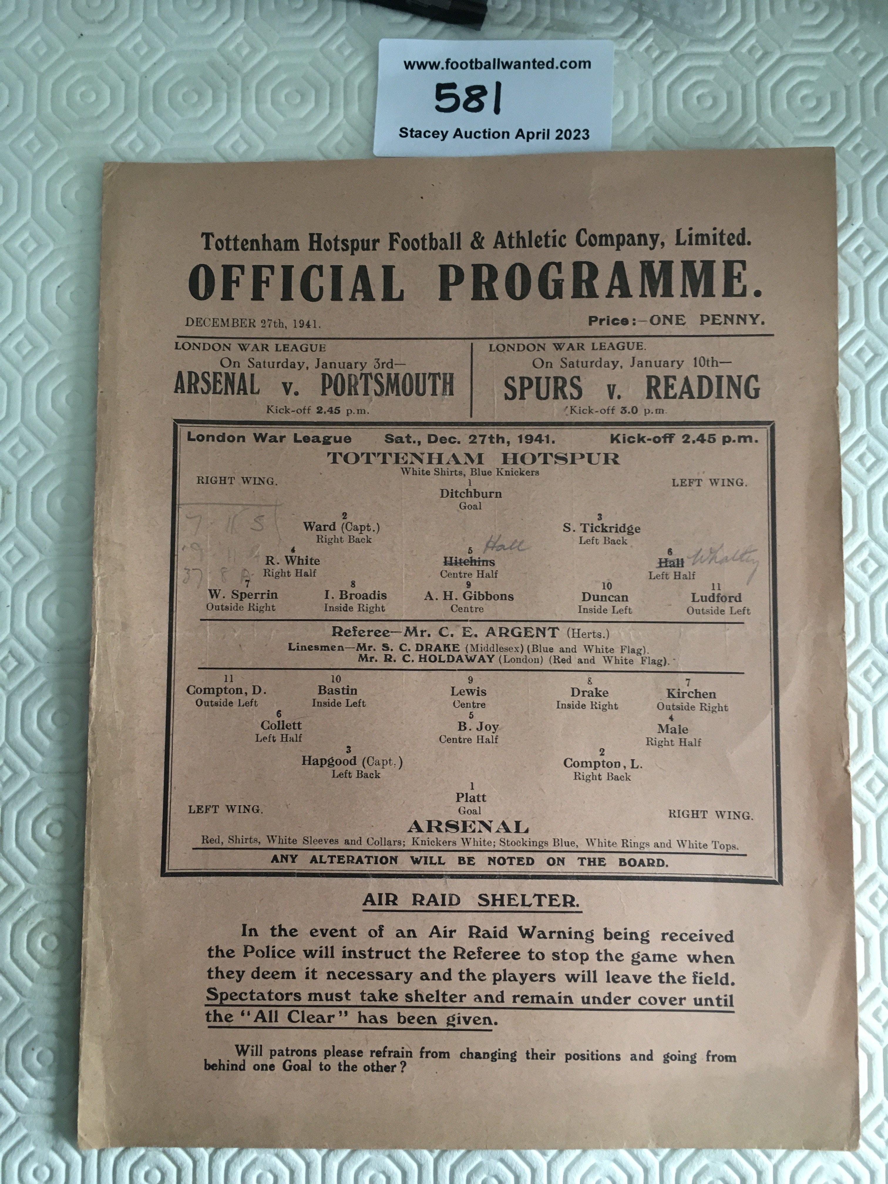41/42 Tottenham v Arsenal Football Programme: Good condition single sheet league match with pencilled team changes.