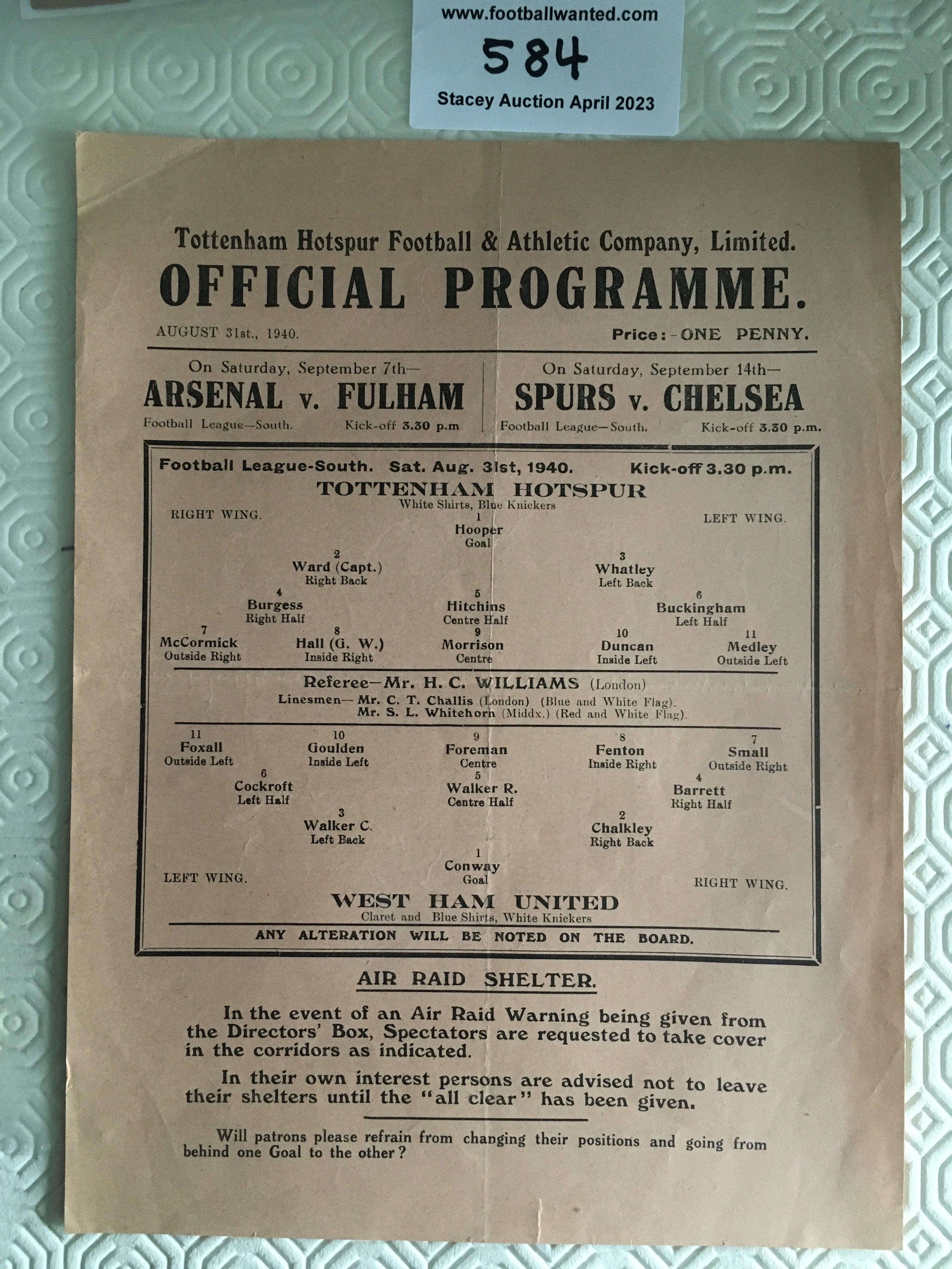 40/41 Tottenham v West Ham Football Programme: Good condition single sheet league match with no team changes.