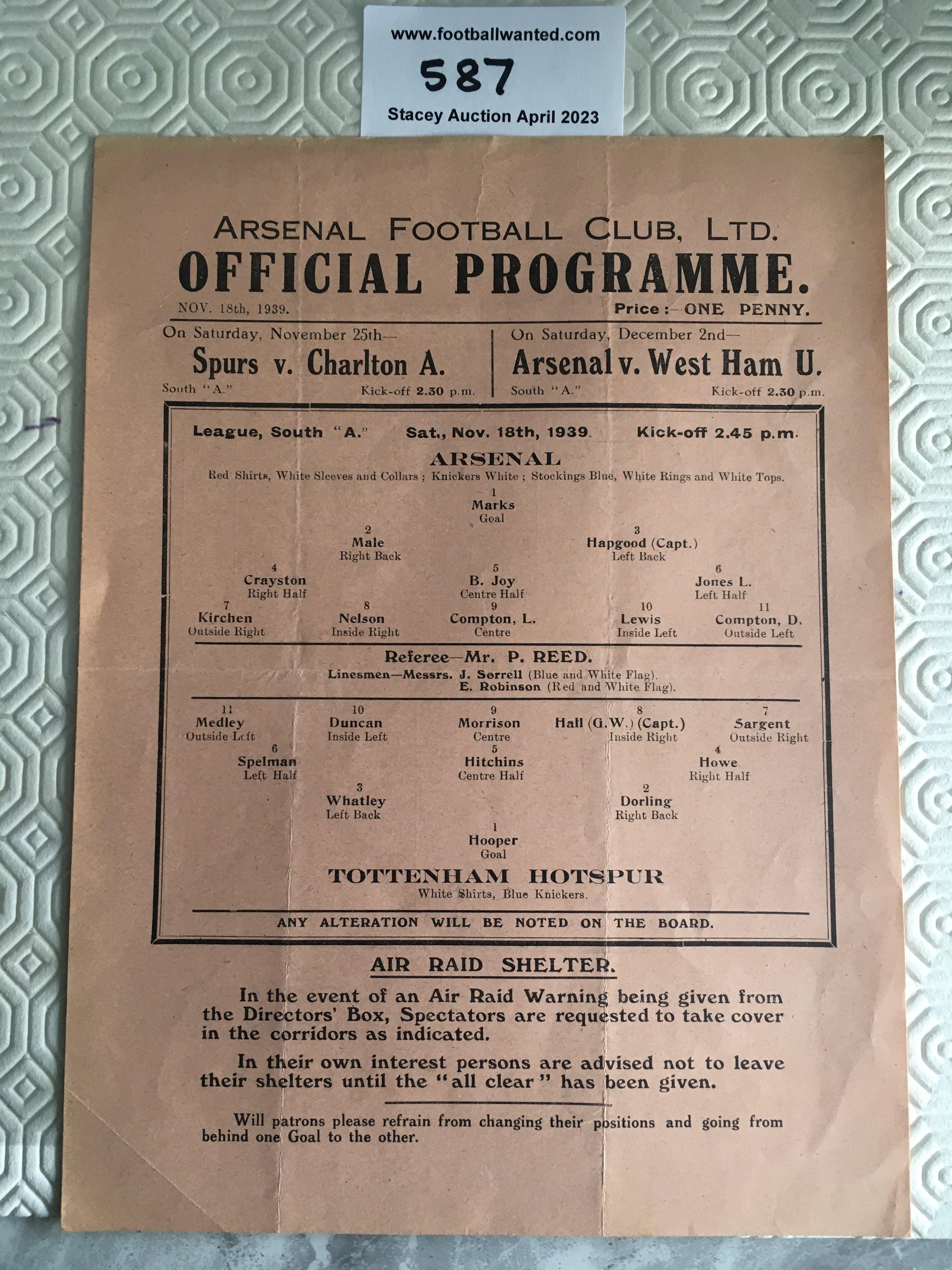 39/40 Arsenal v Tottenham Football Programme: Good condition single sheet league match with no team changes. Dated 18 11 1939.