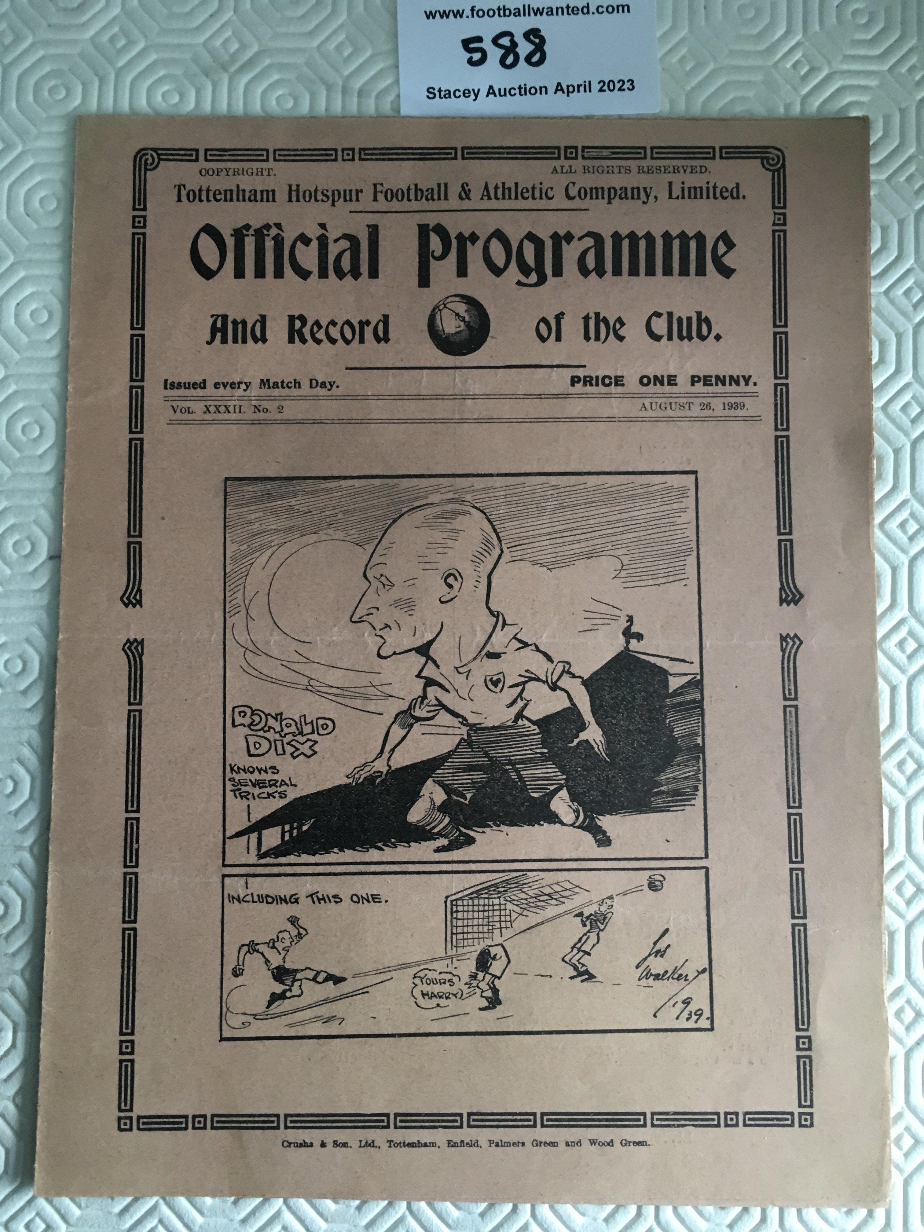39/40 Tottenham v Birmingham City Football Programme: Very good condition 4 page league match with no team changes. From the defunct season dated 26 8 1939.