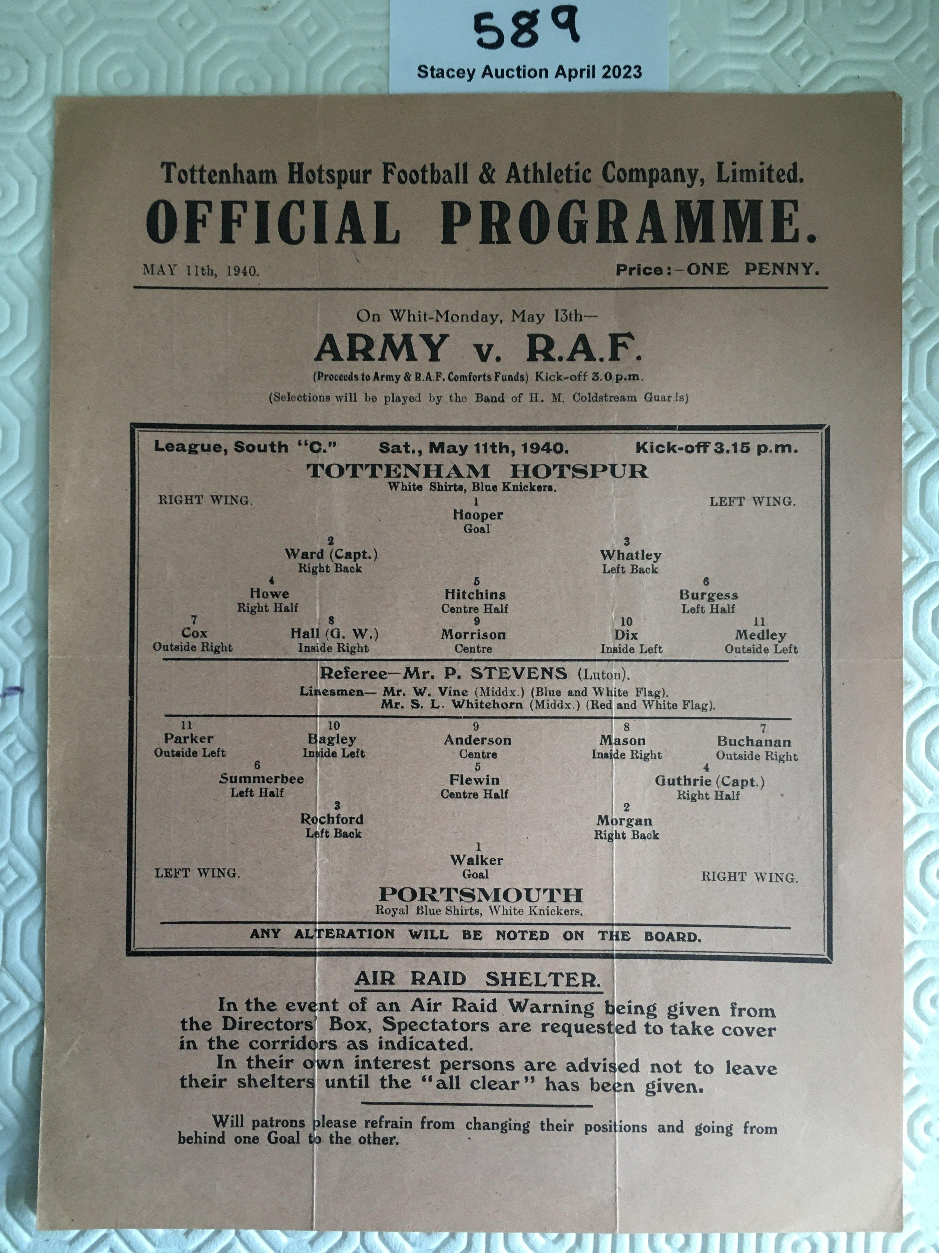 39/40 Tottenham v Portsmouth Football Programme: Very good condition single sheet league match with no team changes. Dated 11 5 1940 with light folding.
