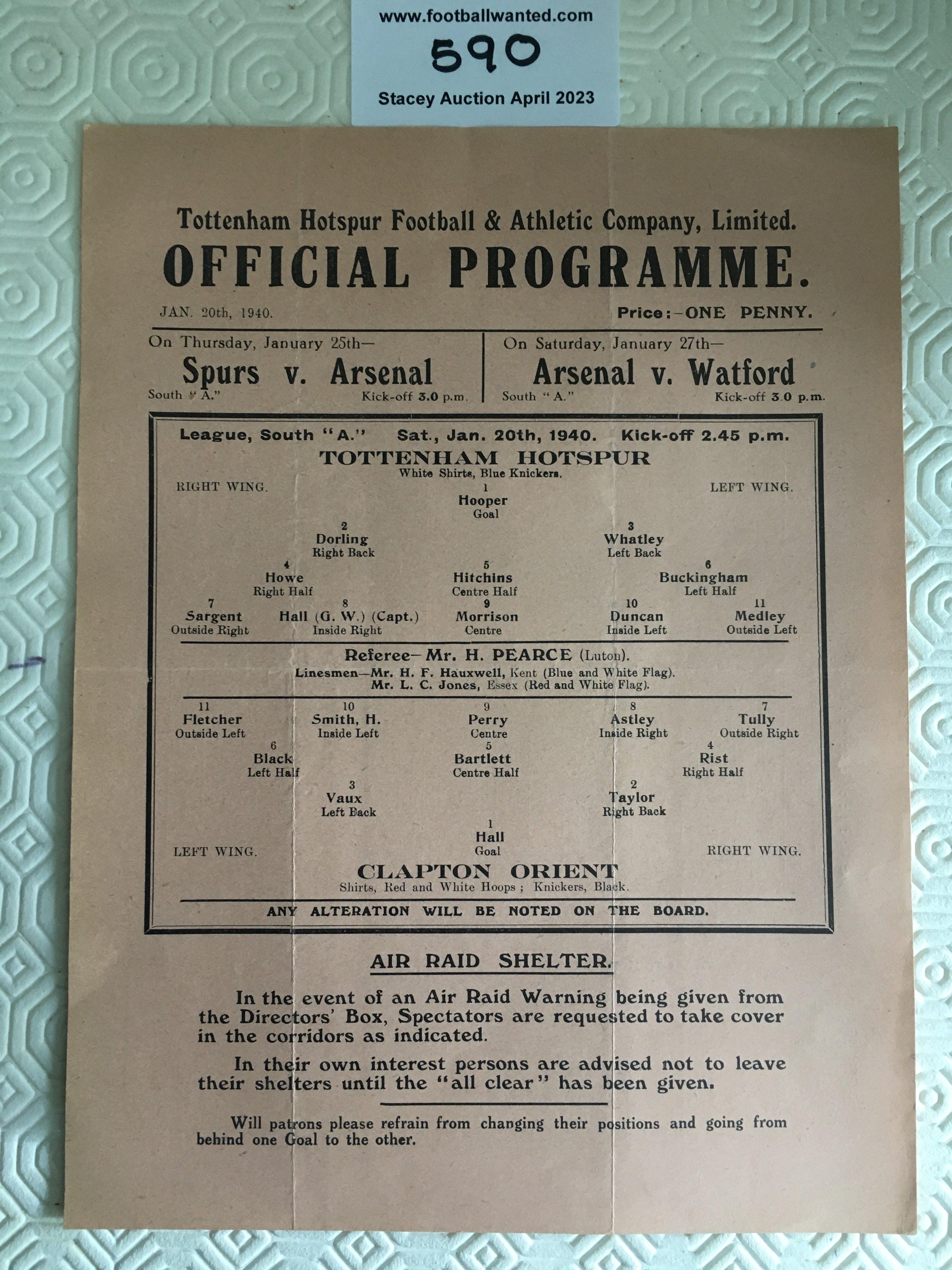 39/40 Tottenham v Clapton Orient Football Programme: Very good condition single sheet league match with no team changes. Dated 20 1 1940 with light folding.