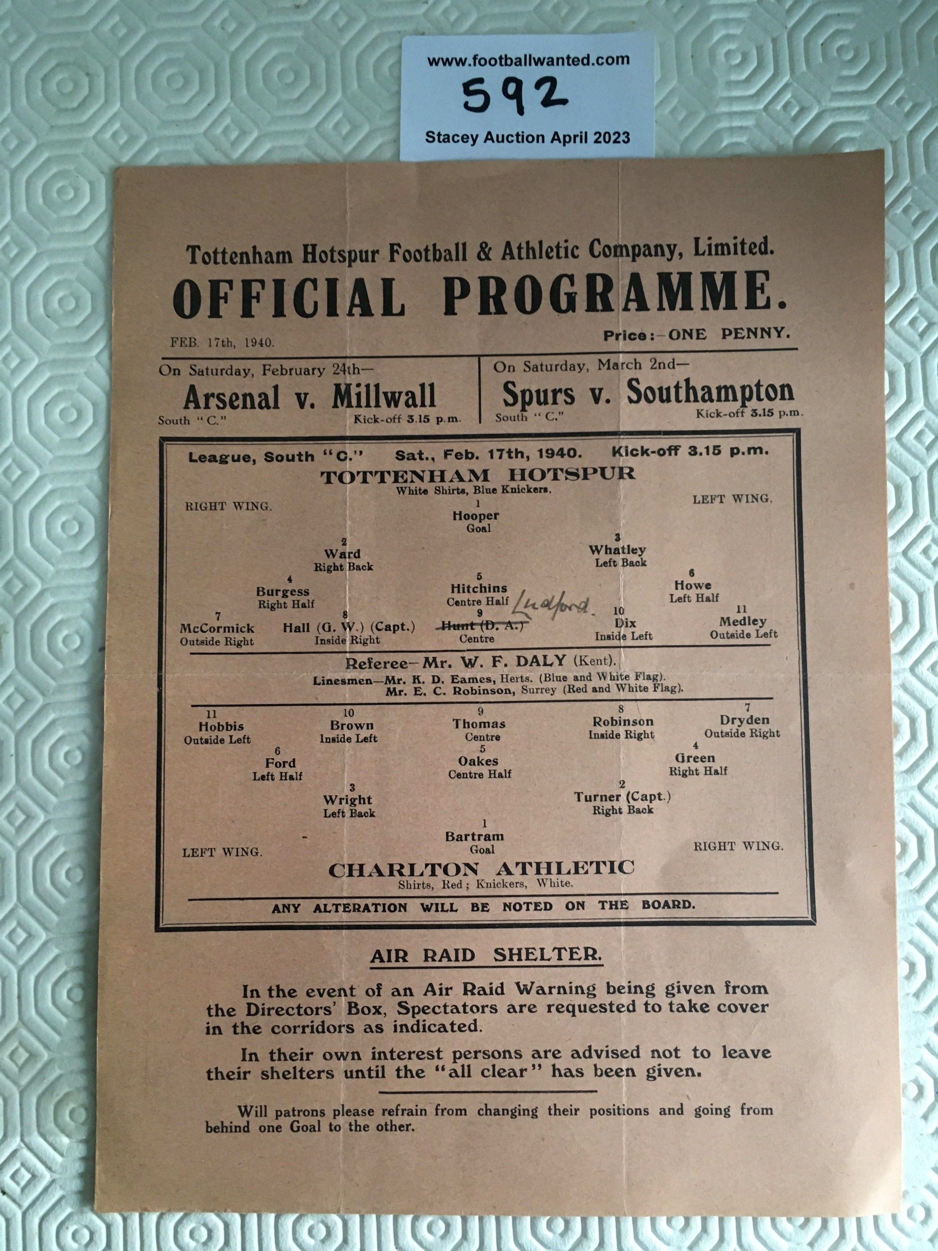 39/40 Tottenham v Charlton Football Programme: Very good condition single sheet league match with one pencilled team change. Dated 17 2 1940 with light folding.