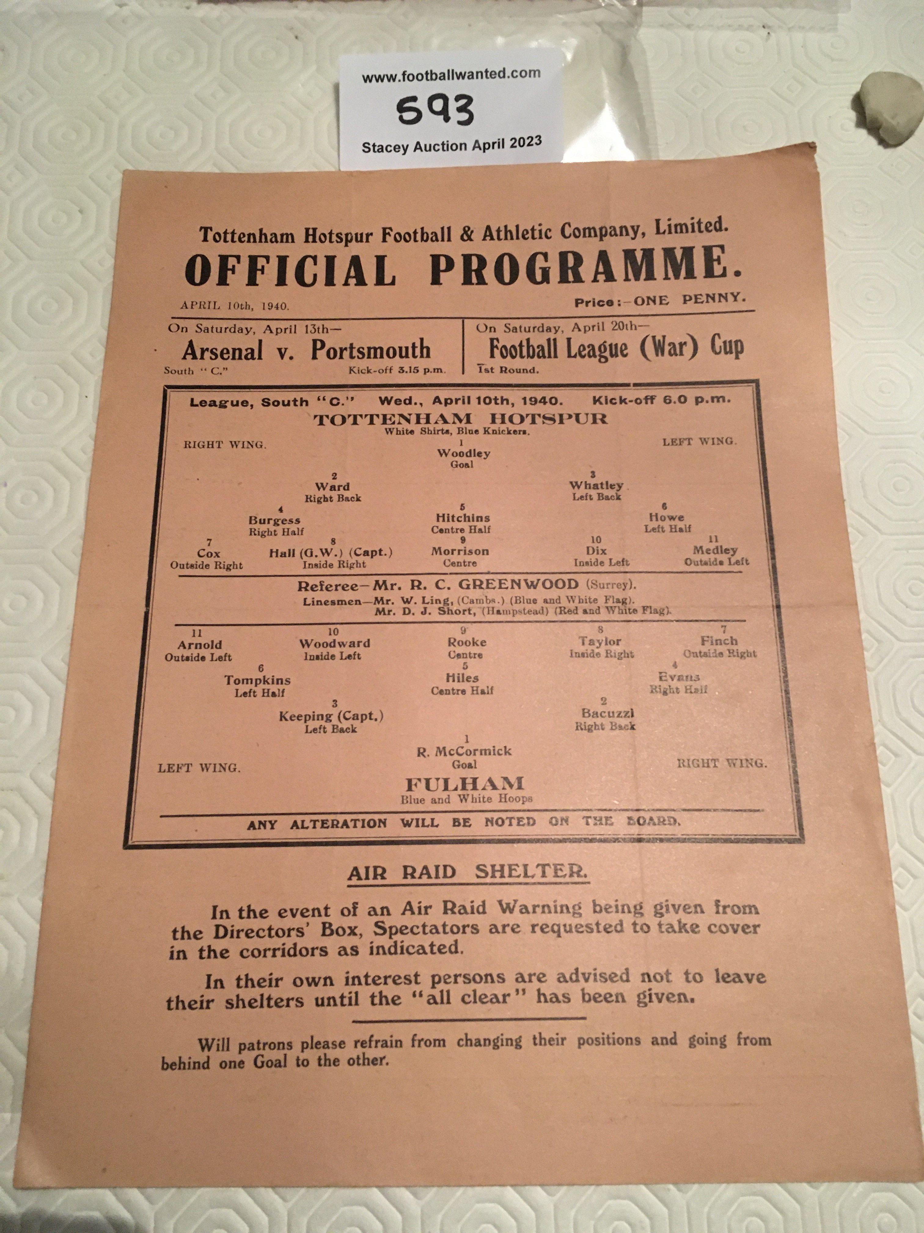39/40 Tottenham v Fulham Football Programme: Near mint condition single sheet league match with no team changes. Dated 10 4 1940.