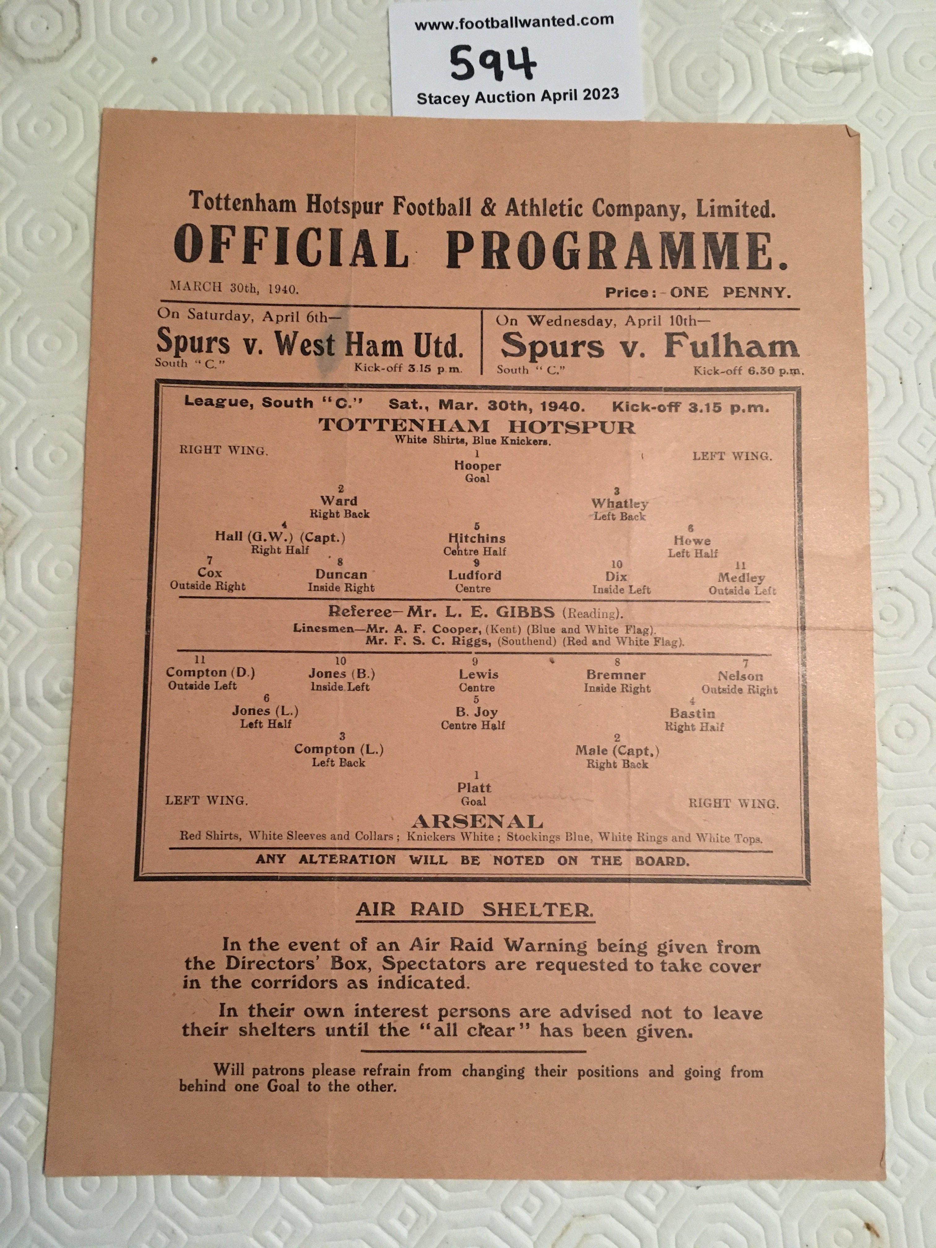 39/40 Tottenham v Arsenal Football Programme: Excellent condition single sheet league match with no team changes. Dated 30 3 1940.