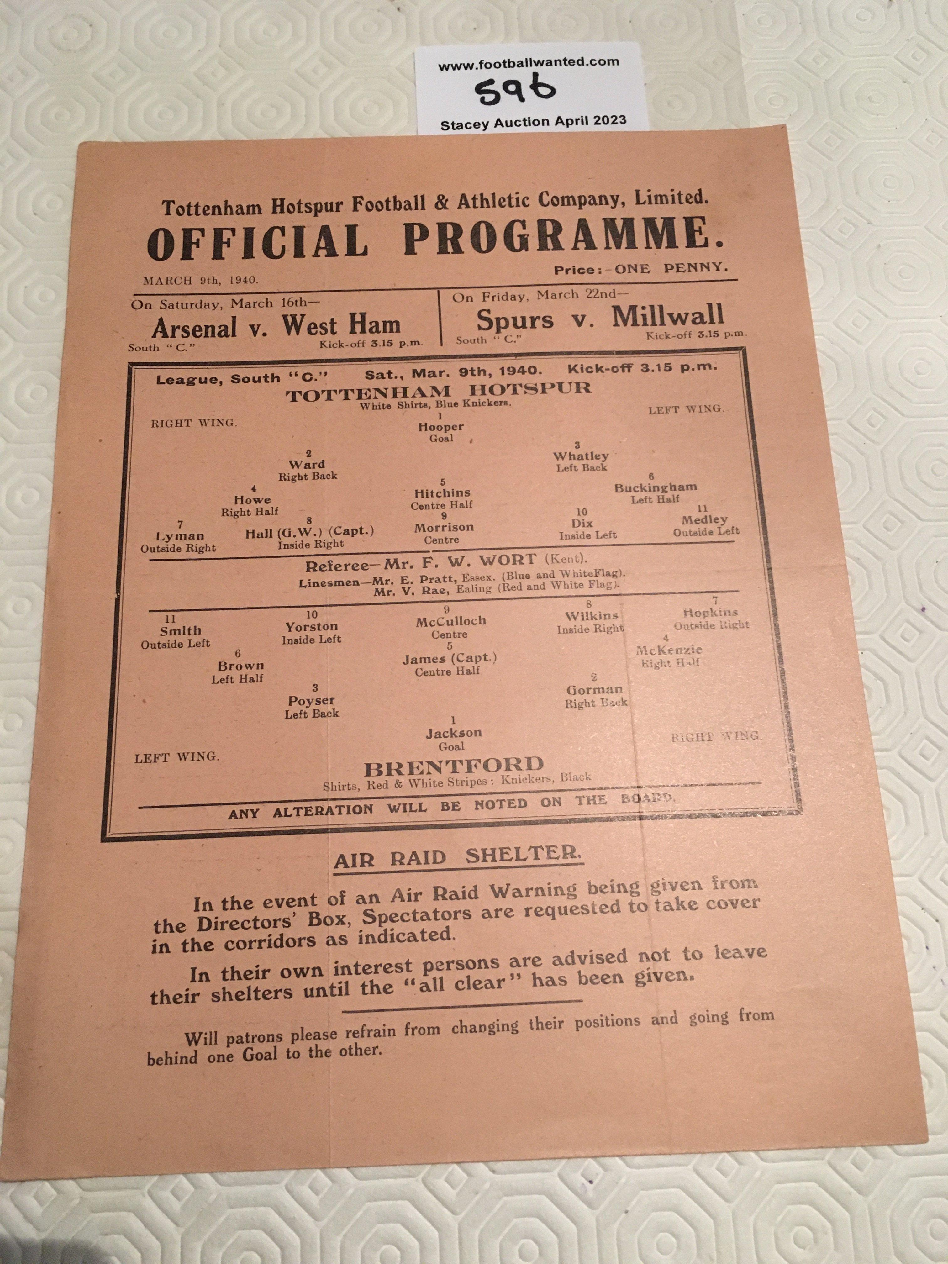 39/40 Tottenham v Brentford Football Programme: Near mint condition single sheet league match with no team changes. Dated 9 3 1940.