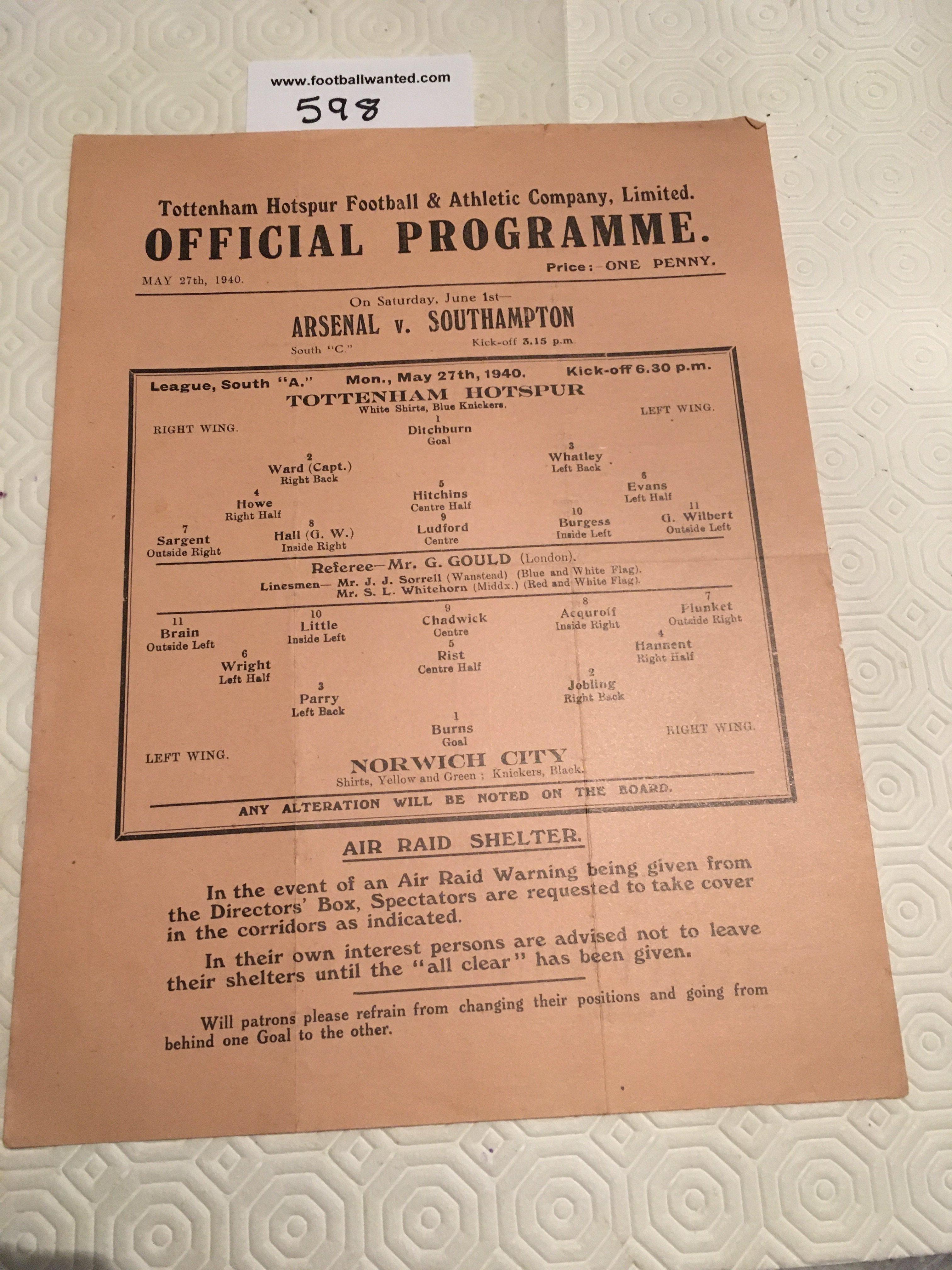 39/40 Tottenham v Norwich City Football Programme: Excellent condition single sheet league match with no team changes. Dated 27 5 1940.