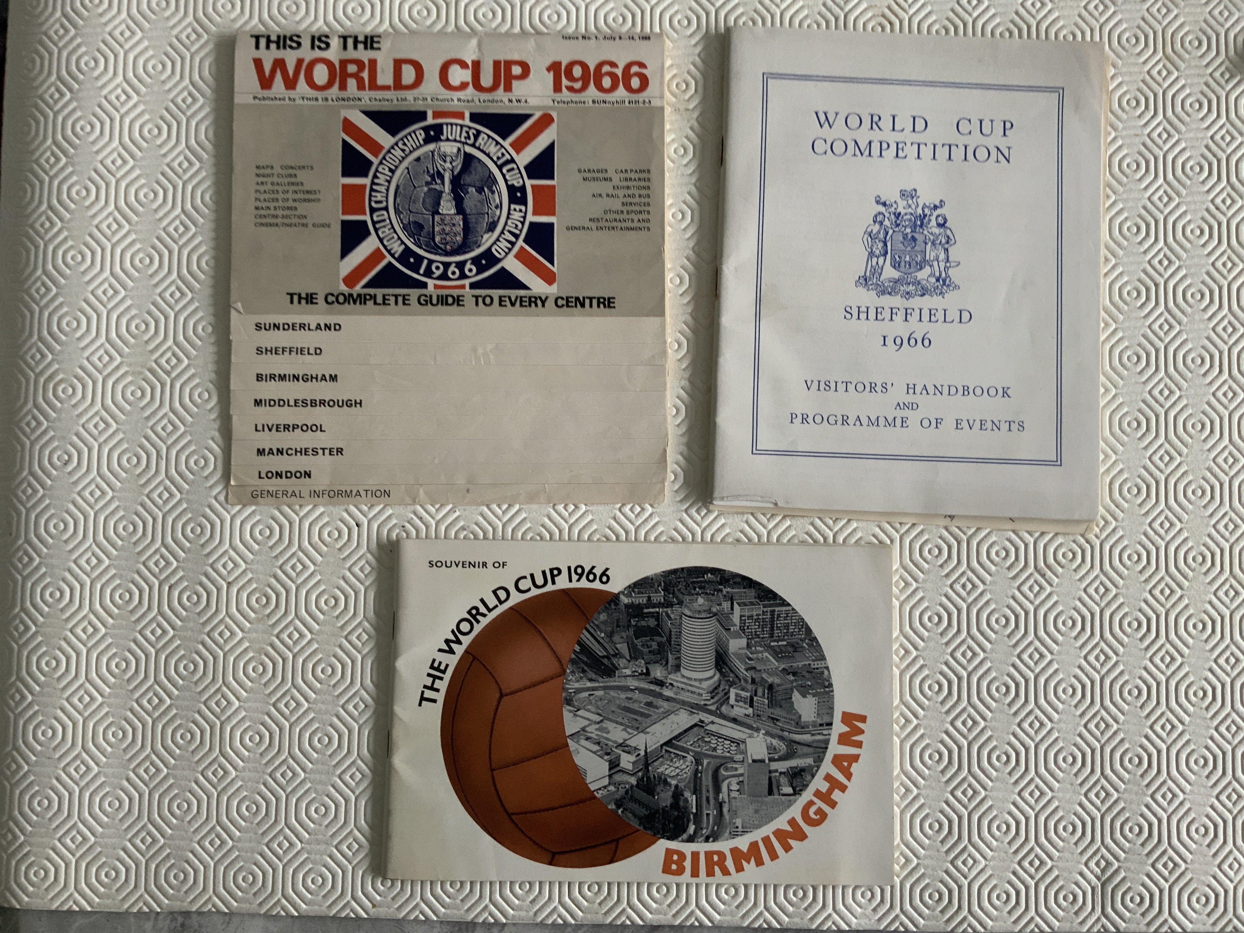 1966 World Cup Regional Football Guides: Visitors handbooks for Sheffield and Birmingham plus a general one covering all Cities where the World Cup was hosted in England. Excellent. (3)