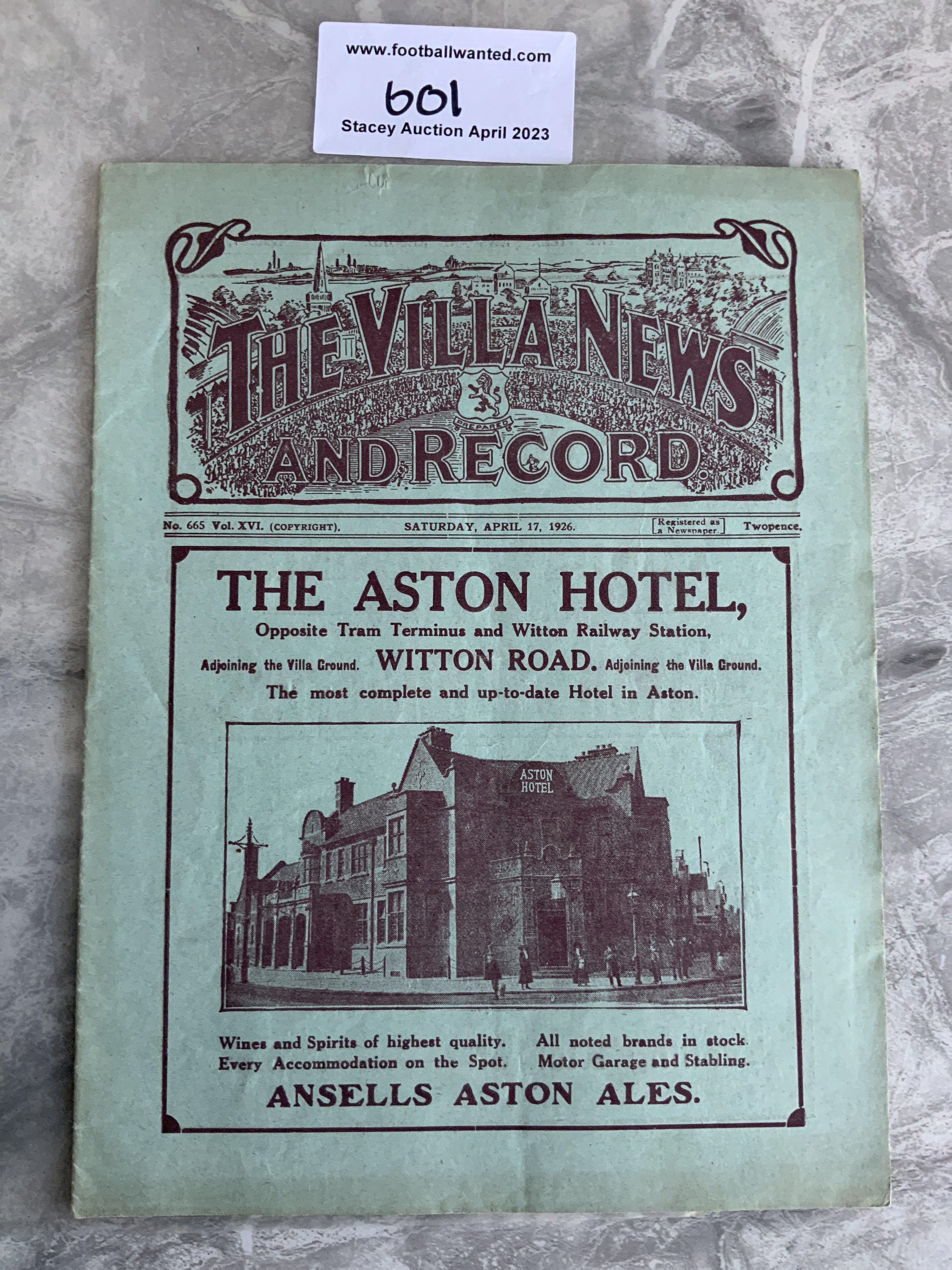 1925/1926 Aston Villa v Tottenham Football Programme: Excellent condition with no team changes. Unusually for this period not ex bound. Covers excellent.