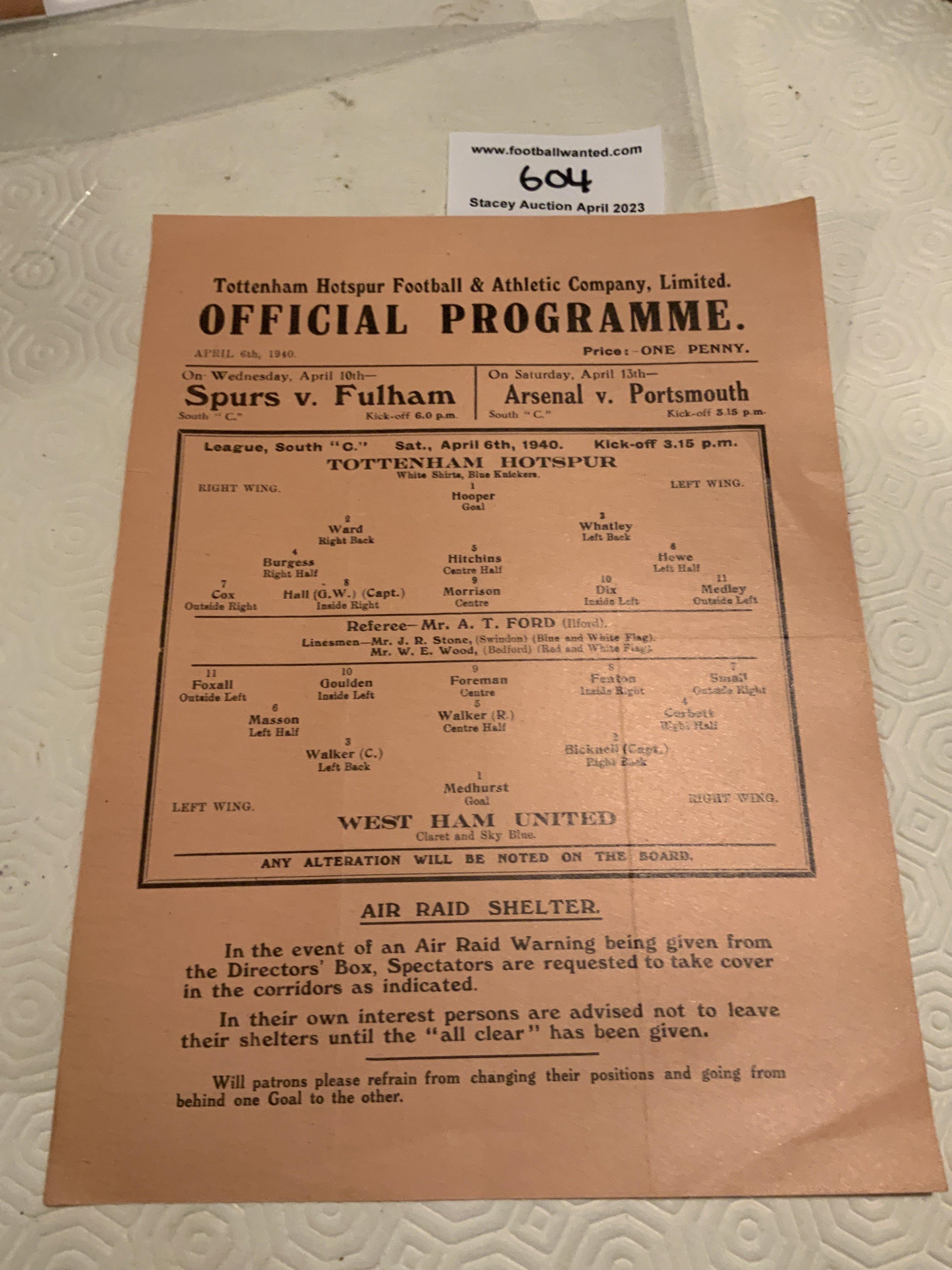 39/40 Tottenham v West Ham Football Programme: Excellent condition single sheet league match with no team changes. Dated 6 4 1940.