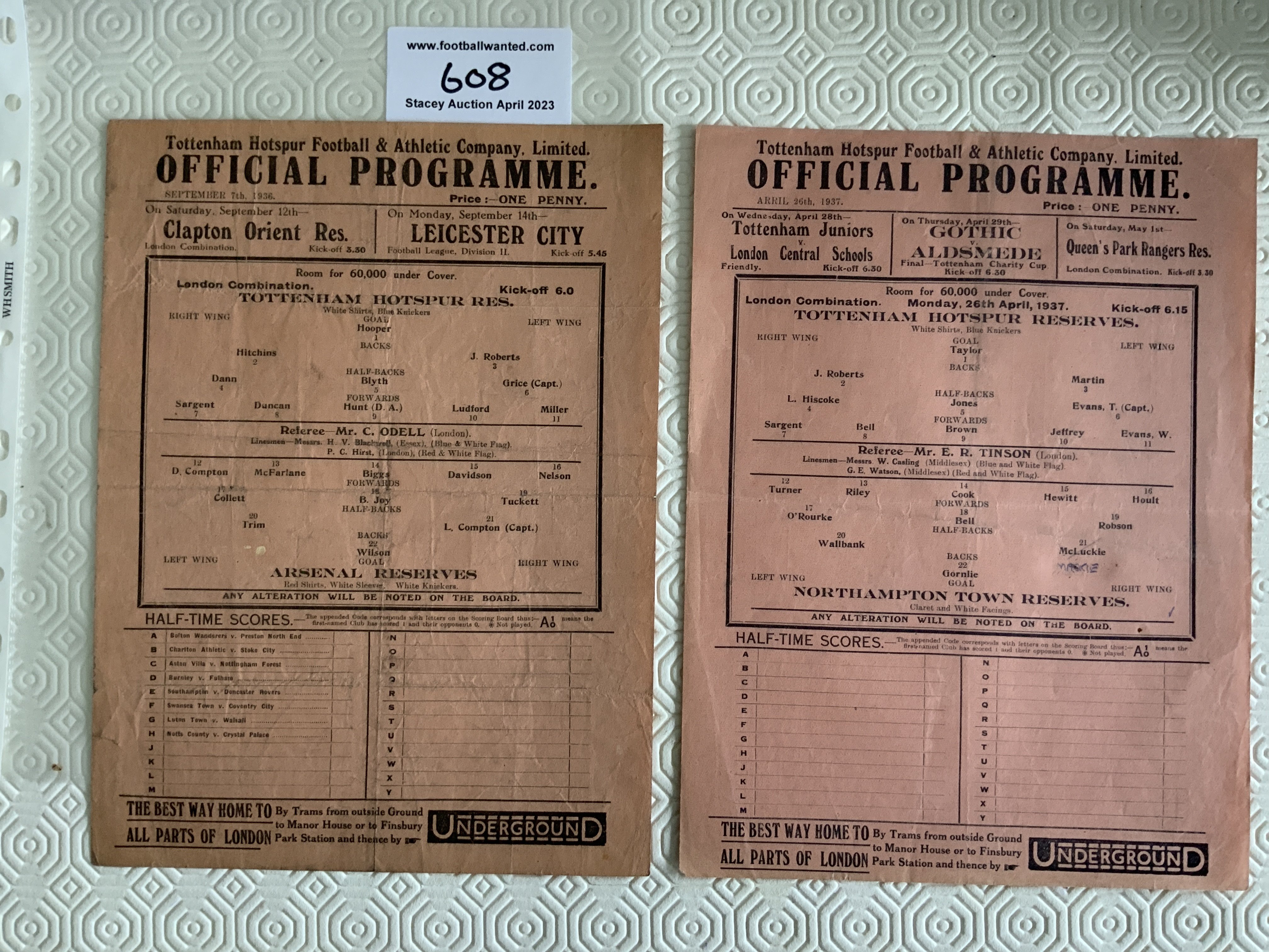 36/37 Tottenham Home Reserve Football Programmes: Fair/good condition single sheet London Combination matches. Arsenal creased and Northampton having one team change. (2)